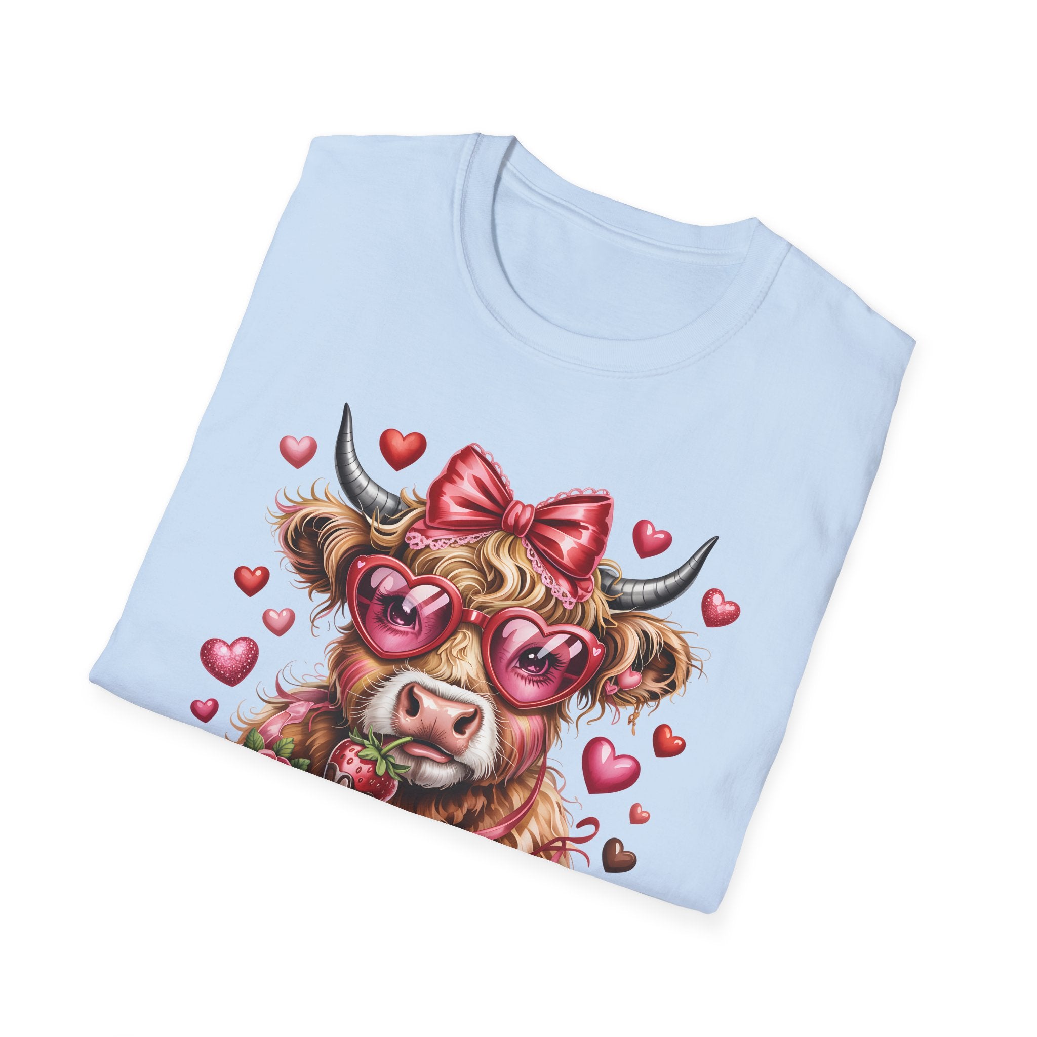 Valentine Highland Cow T-Shirt — Cute Cow with Heart Sunglasses & Bow