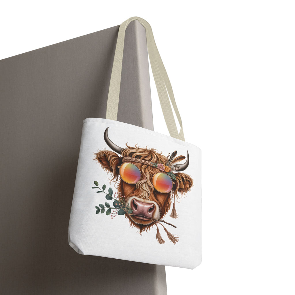 Hippie Highland Cow Tote Bag | Boho Cow with Sunglasses and Floral Accents