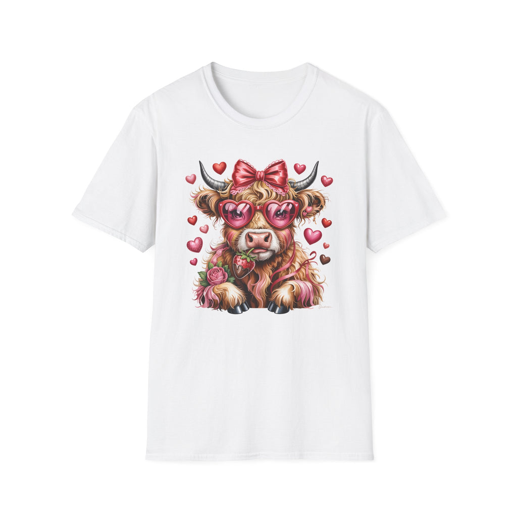 Valentine Highland Cow T-Shirt — Cute Cow with Heart Sunglasses & Bow
