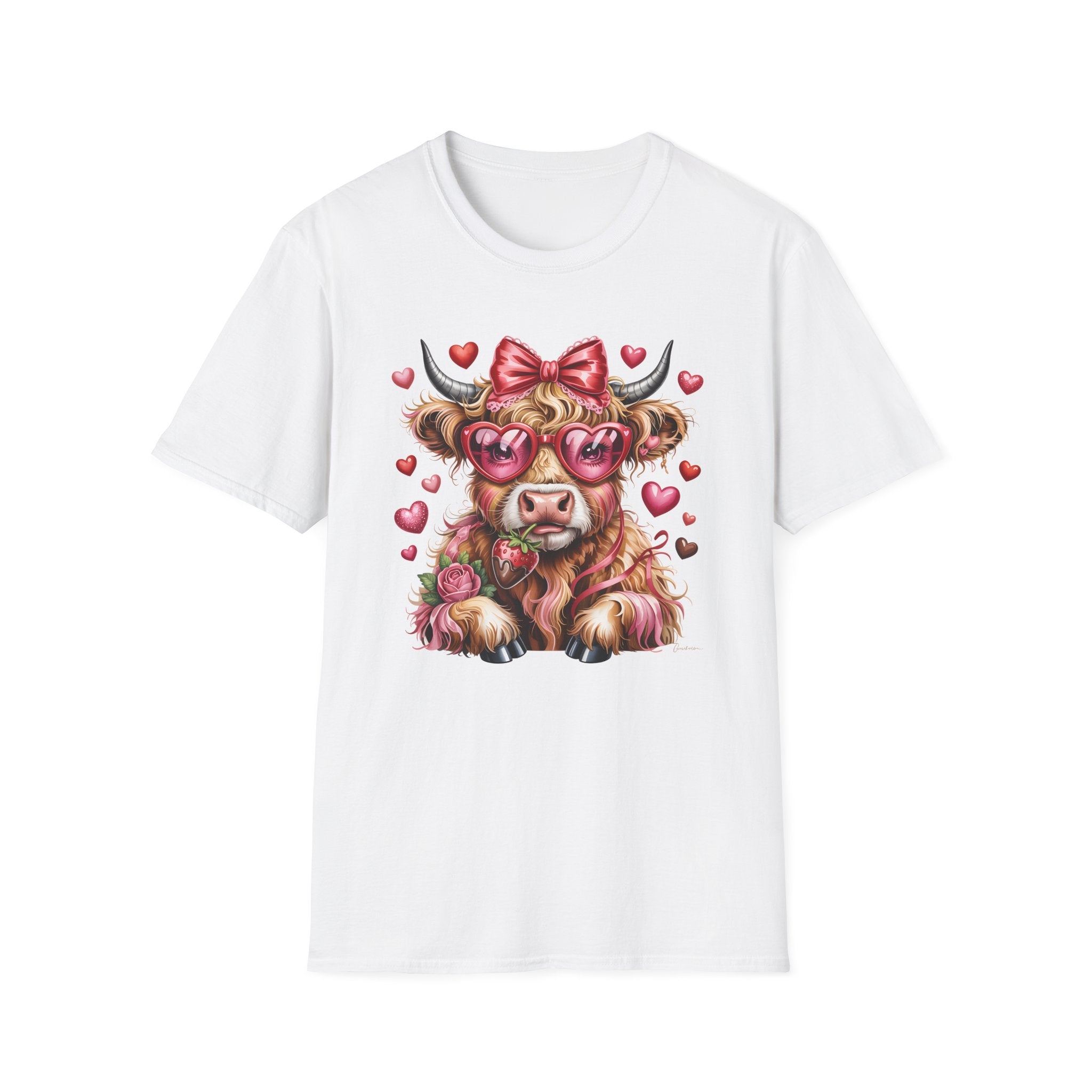 Valentine Highland Cow T-Shirt — Cute Cow with Heart Sunglasses & Bow
