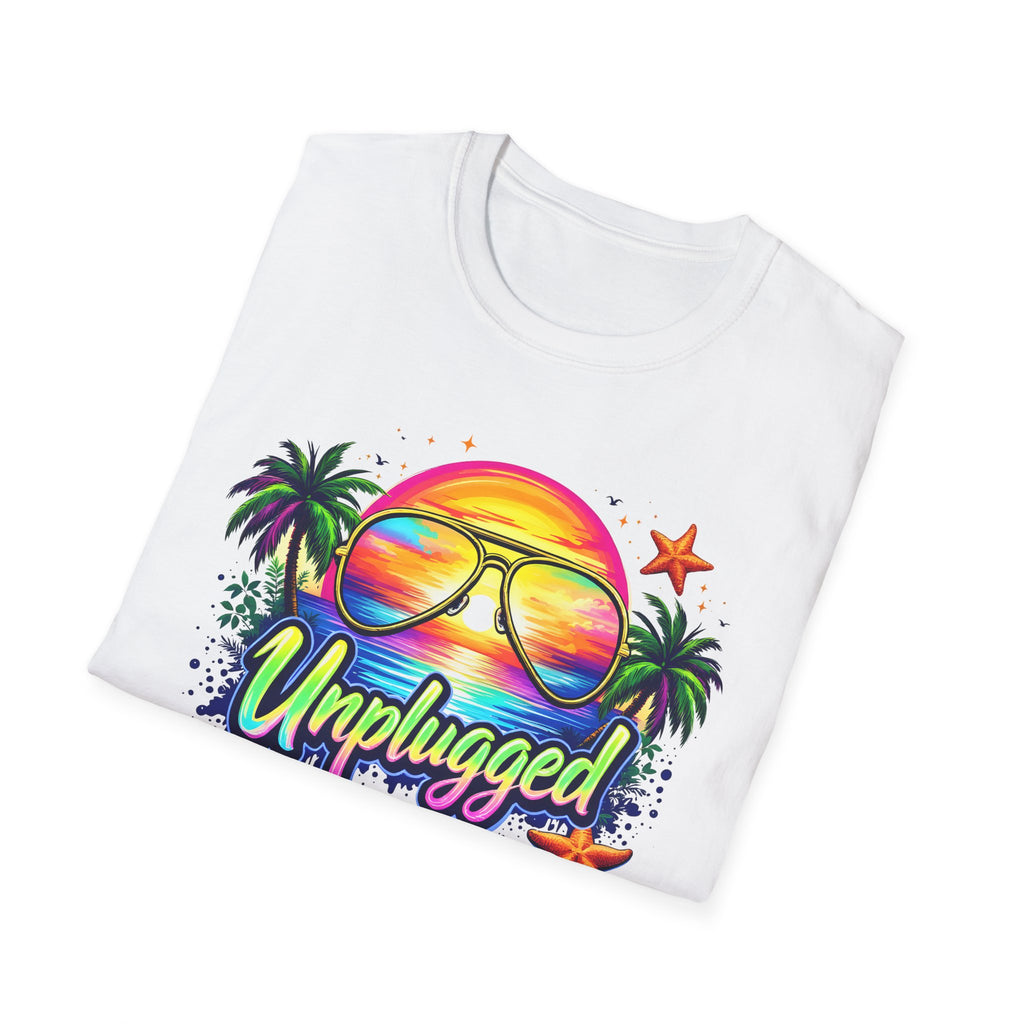 Beach Vacation T-Shirt — "Unplugged On Vacation" Tropical Sunglasses Beach Tee