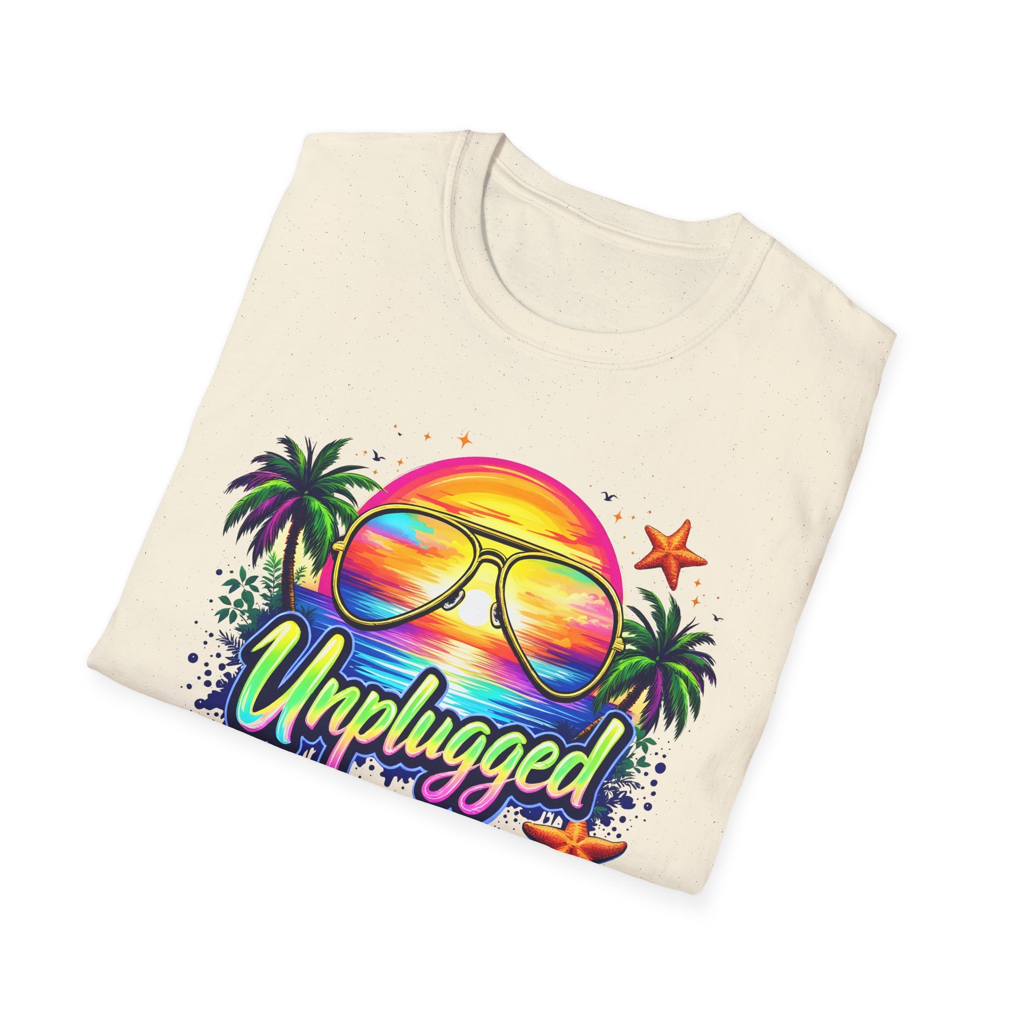 Beach Vacation T-Shirt — "Unplugged On Vacation" Tropical Sunglasses Beach Tee