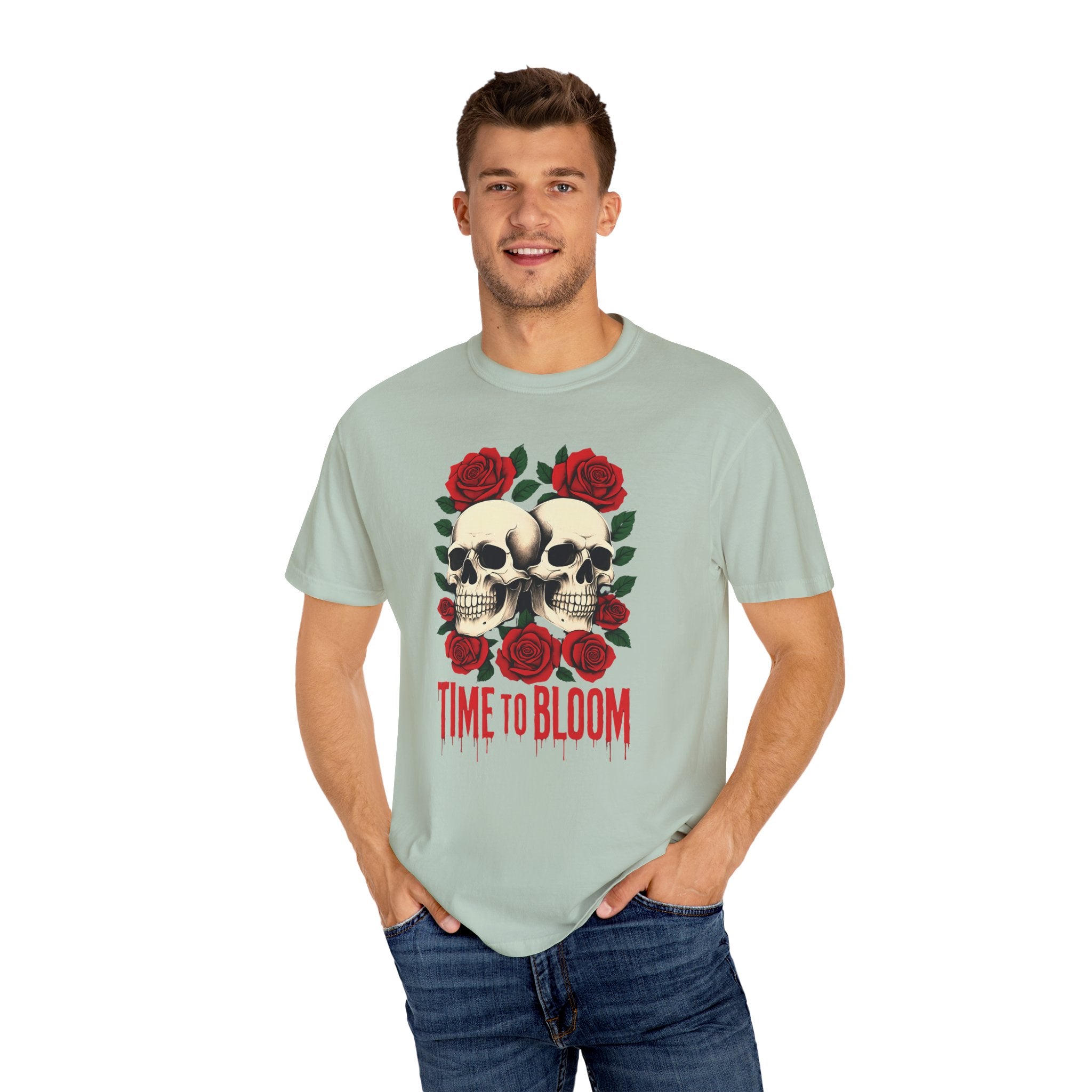 Stylish Skull & Rose Unisex T-shirt, Grunge Tee, Unisex Casual Wear, Unique Graphic Top, Gift for Goths, Time to Bloom Apparel