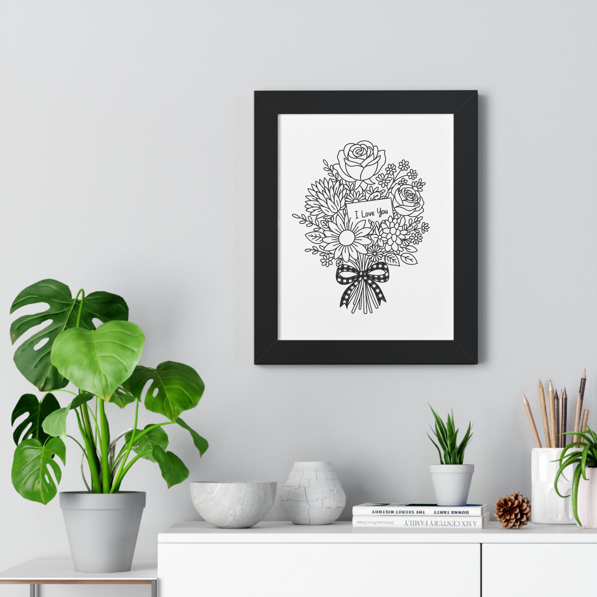 I Love You Bouquet Framed Poster | Floral Line Art Vertical Print