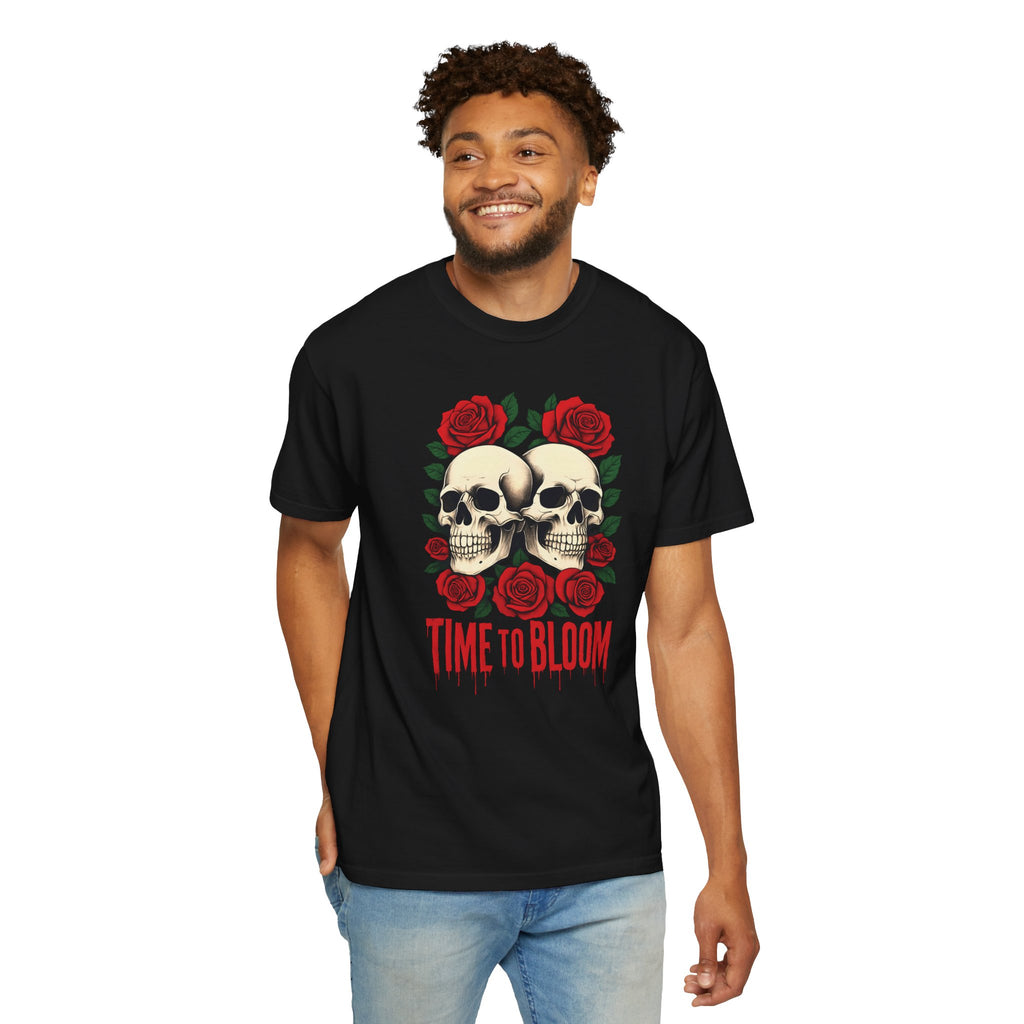 Stylish Skull & Rose Unisex T-shirt, Grunge Tee, Unisex Casual Wear, Unique Graphic Top, Gift for Goths, Time to Bloom Apparel