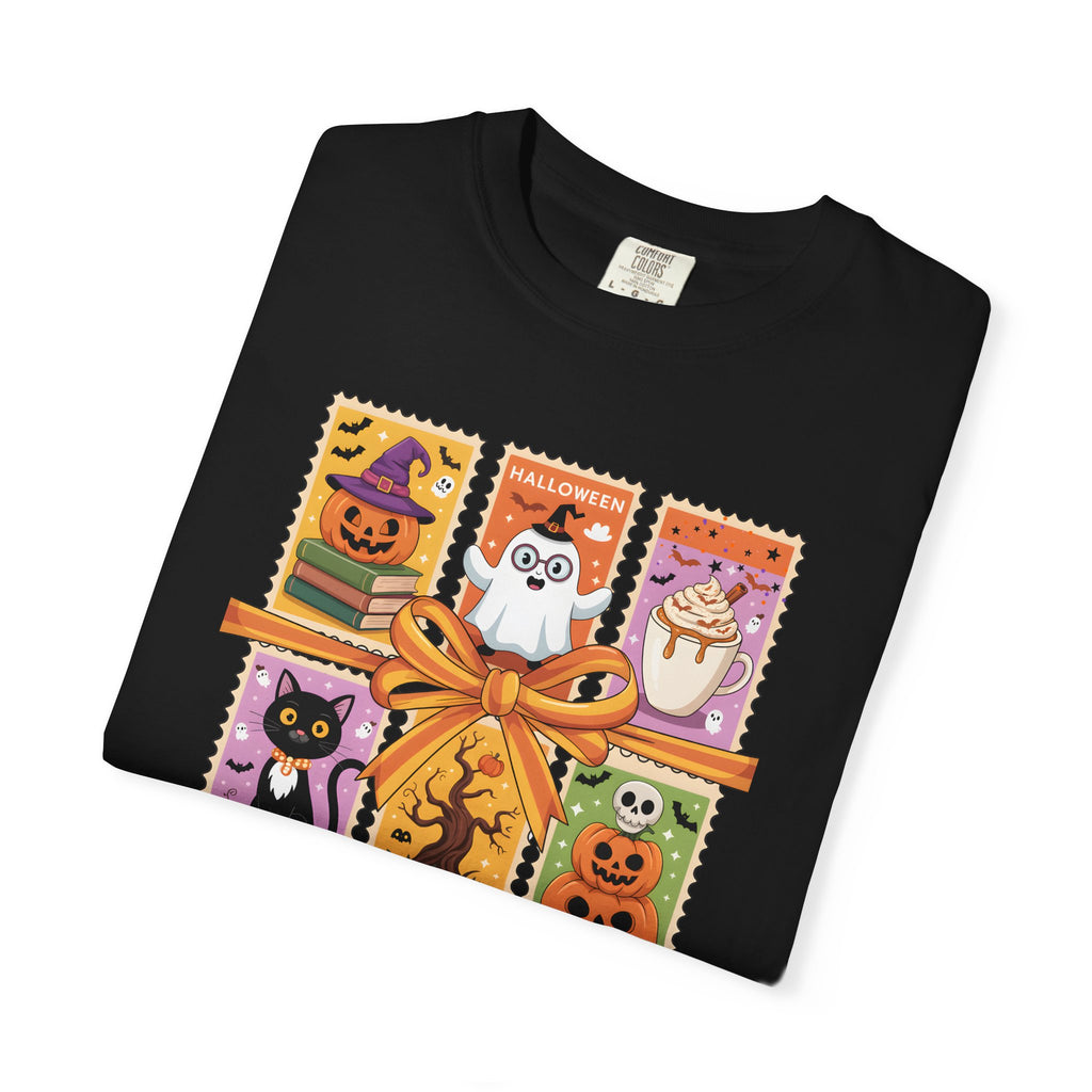 Festive Stamp Halloween Cat Ghost Pumpkin T-shirt, Cute Halloween Gift, Comfort Colors Fall Fashion Shirt, Spooky Cat Lovers