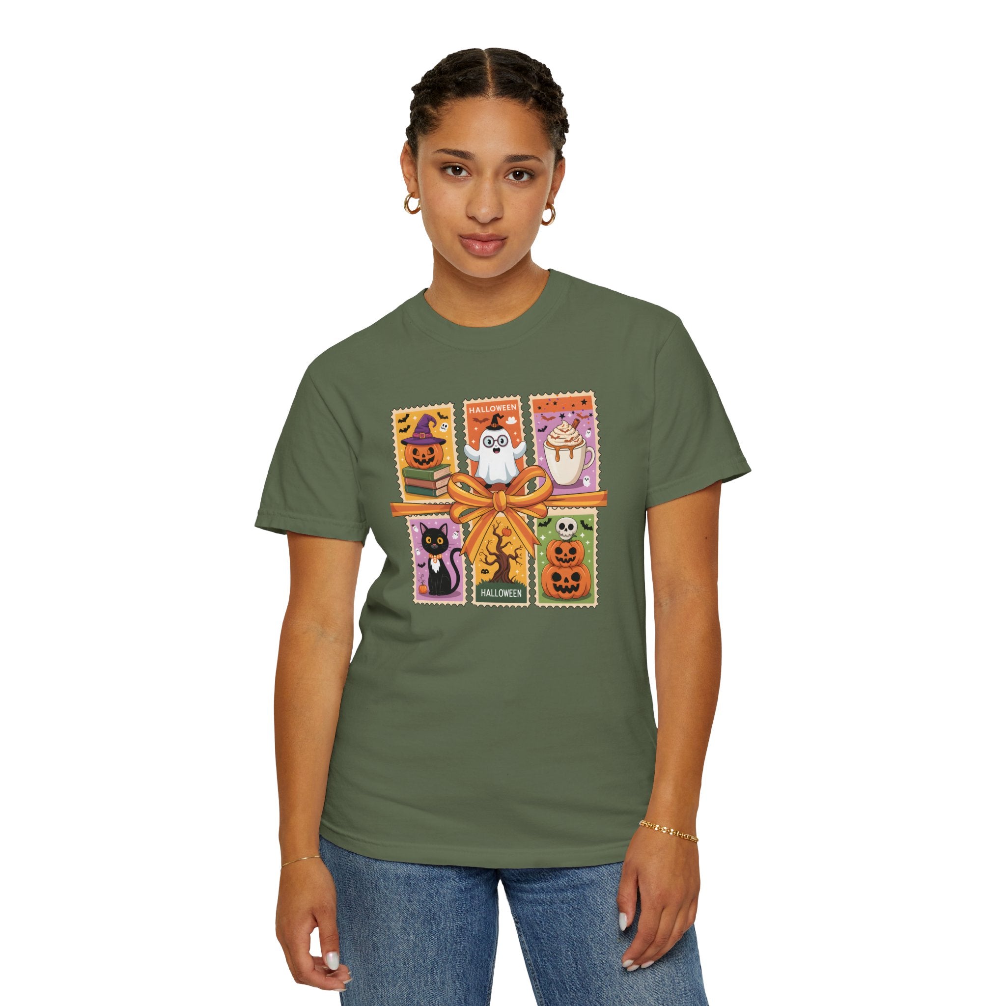 Festive Stamp Halloween Cat Ghost Pumpkin T-shirt, Cute Halloween Gift, Comfort Colors Fall Fashion Shirt, Spooky Cat Lovers