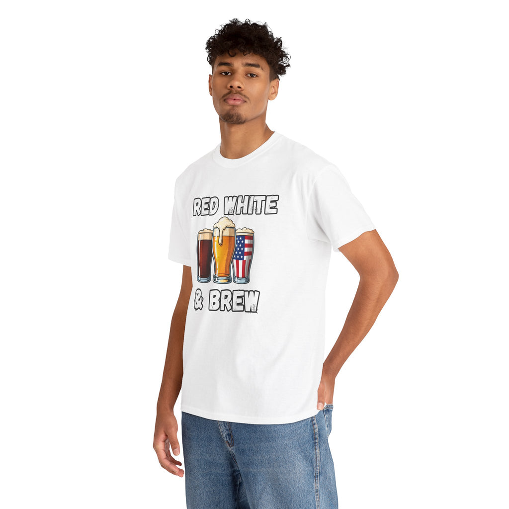 Men's Red, White & Brew Heavy Cotton Tee - Perfect for 4th of July BBQs, Independence Day, Casual Outings, Summer Fun, Beer Lovers