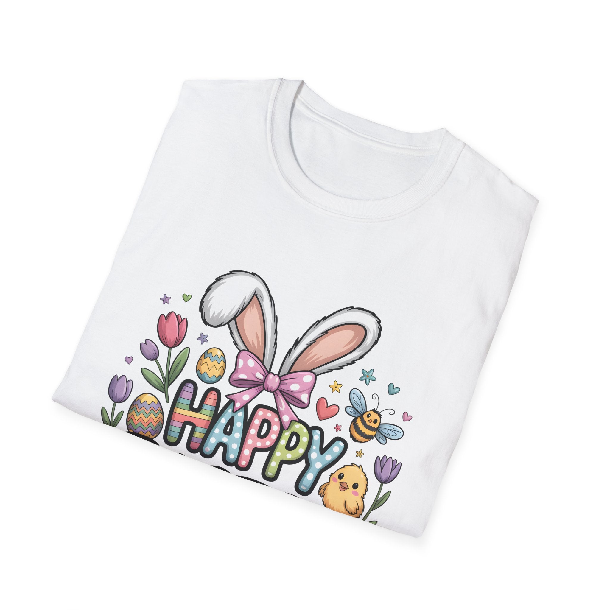 Happy Easter Bunny Ears T-Shirt | Pastel Eggs, Chicks & Flowers