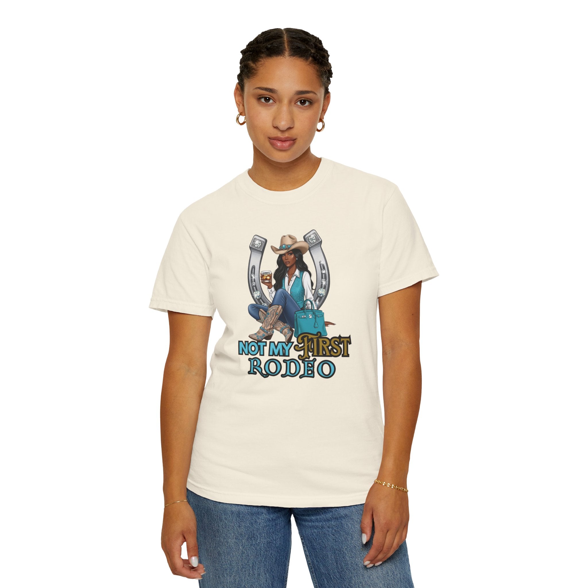 African American Cowgirl Rodeo Themed Rhinestone Shirt, 'Not My First Rodeo' Western Style Top, Rodeo Shirt, Boots On The Ground Tee