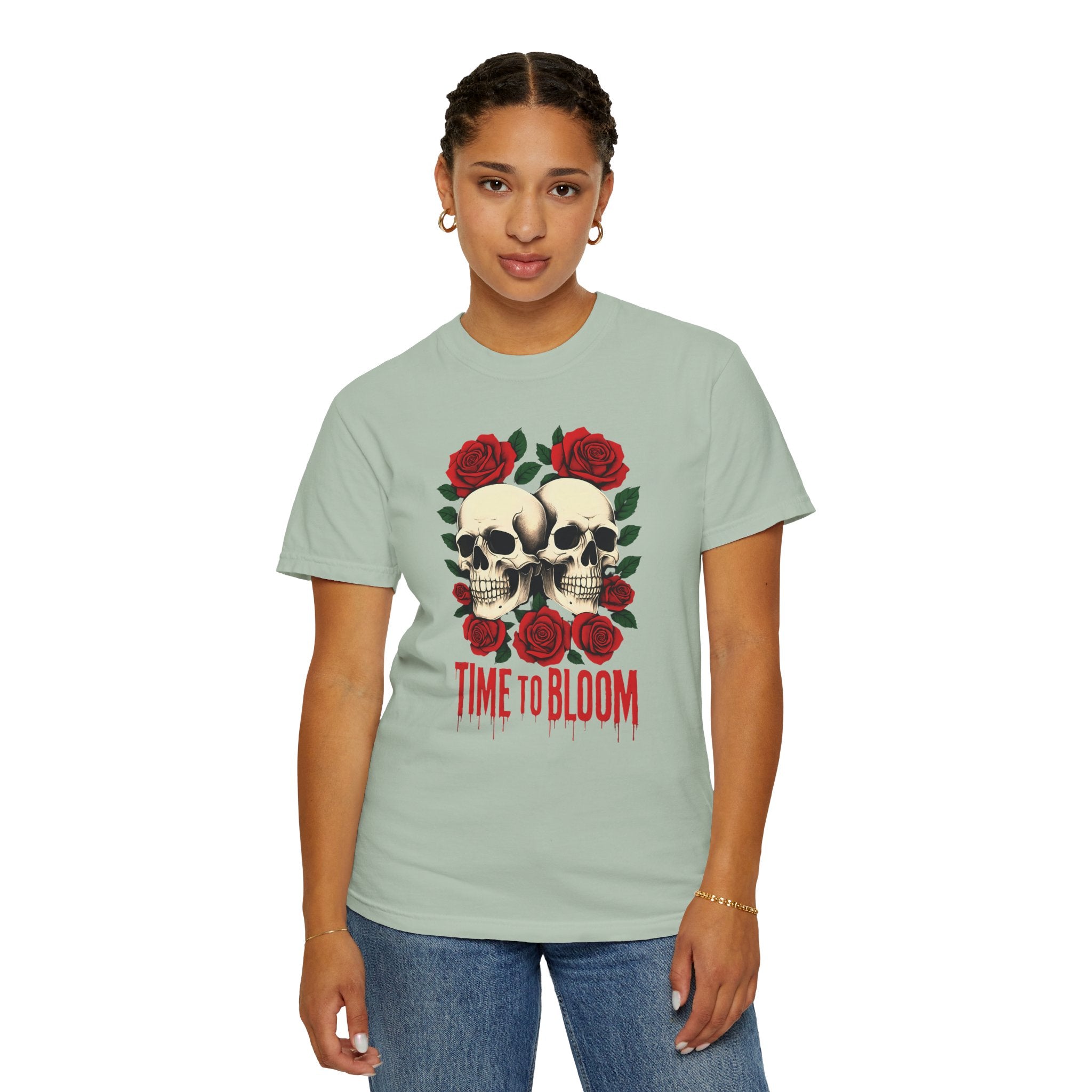 Stylish Skull & Rose Unisex T-shirt, Grunge Tee, Unisex Casual Wear, Unique Graphic Top, Gift for Goths, Time to Bloom Apparel