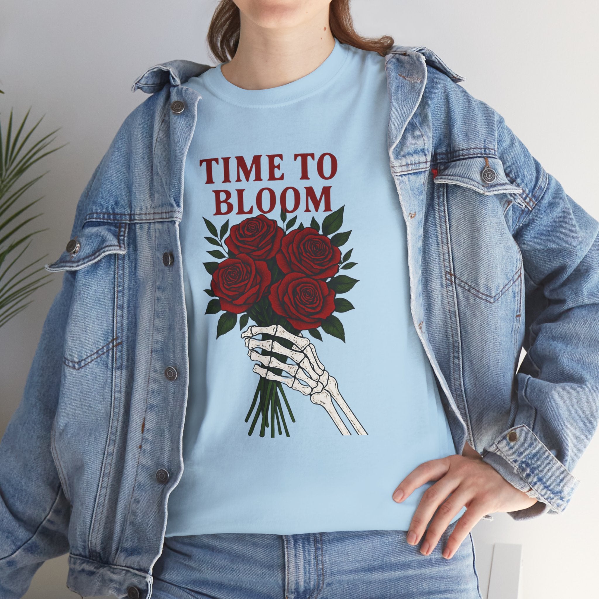 Skeleton Hand Floral Tee: Time to Bloom Unisex Heavy Cotton T-Shirt