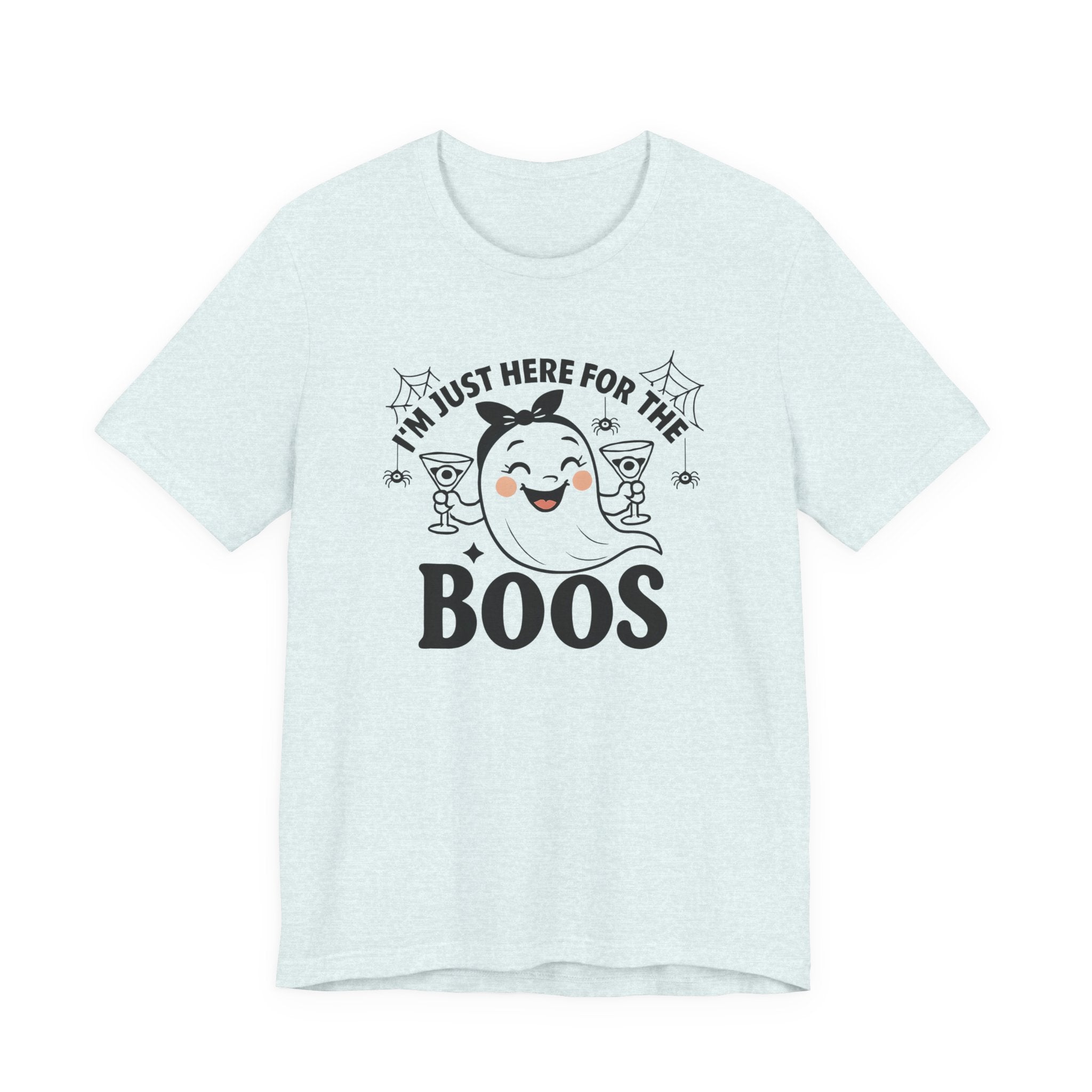 I'm Just Here for the Boos, Ghost, Bats, and Spiders Funny Tee Shirt, Unisex Halloween Shirt, Spooky Season Apparel, Casual Halloween Wear