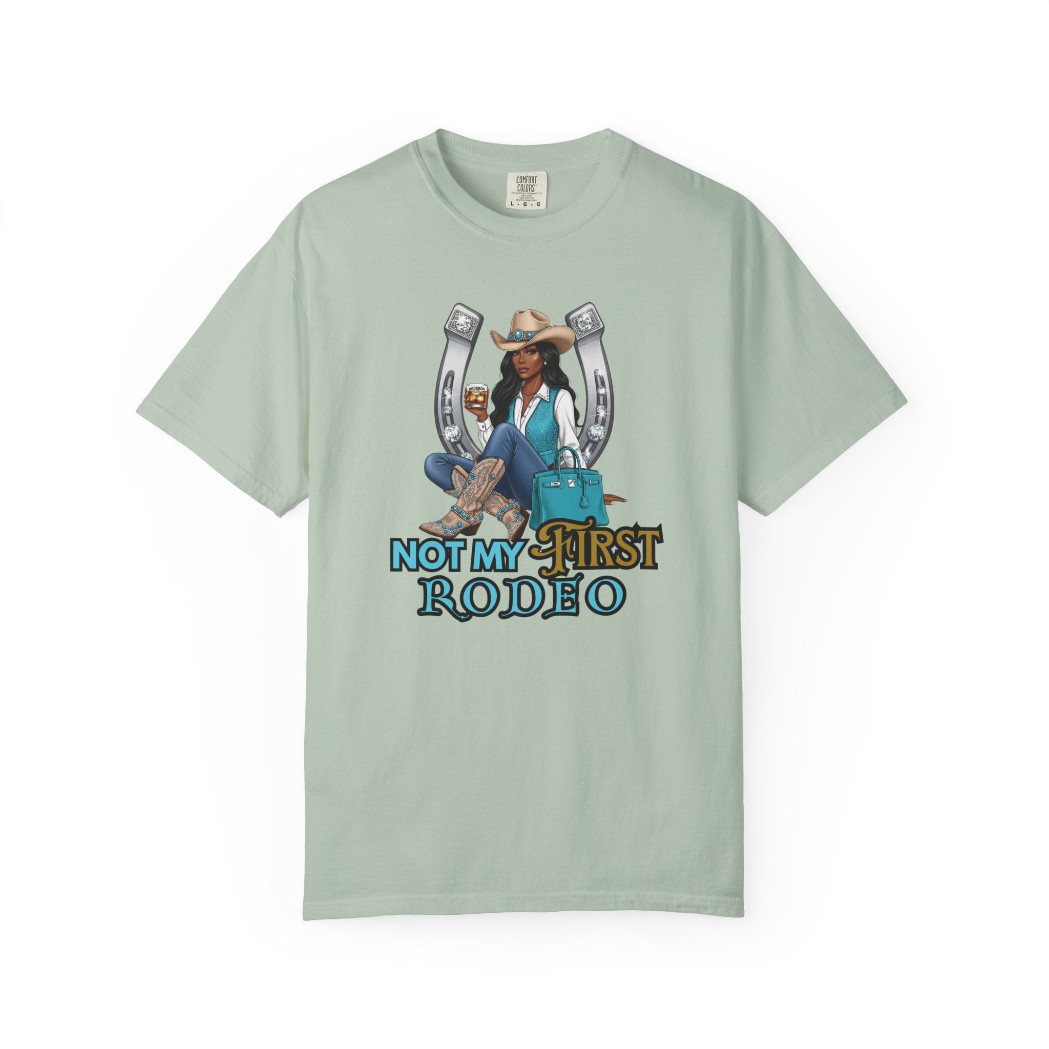 African American Cowgirl Rodeo Themed Rhinestone Shirt, 'Not My First Rodeo' Western Style Top, Rodeo Shirt, Boots On The Ground Tee