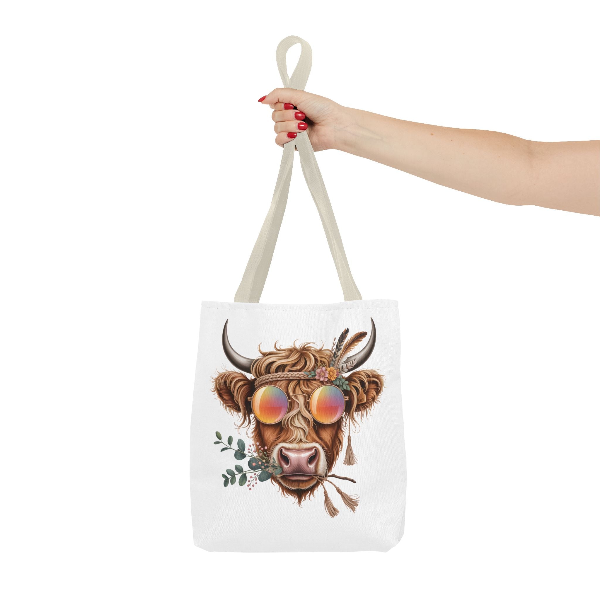 Hippie Highland Cow Tote Bag | Boho Cow with Sunglasses and Floral Accents