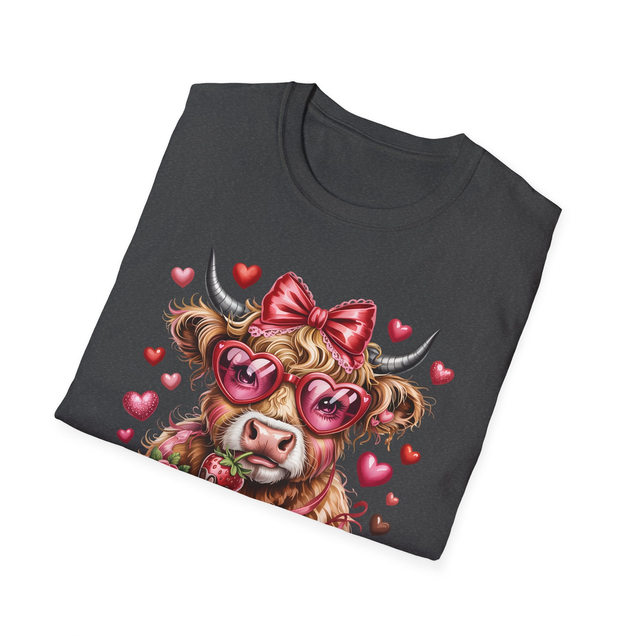 Valentine Highland Cow T-Shirt — Cute Cow with Heart Sunglasses & Bow