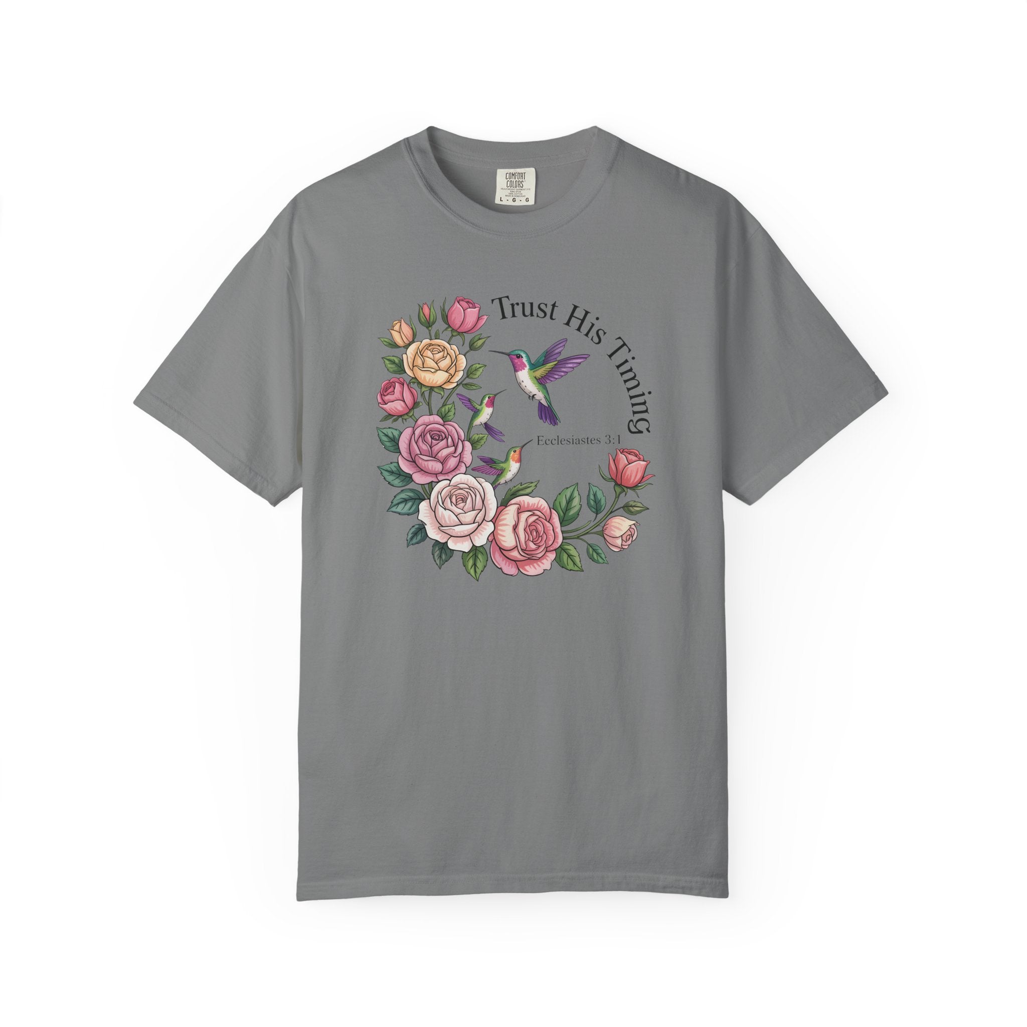 Comfort Colors® Floral Trust His Timing: Ecclesiastes 3;1 Scripture Tee, Christian Apparel