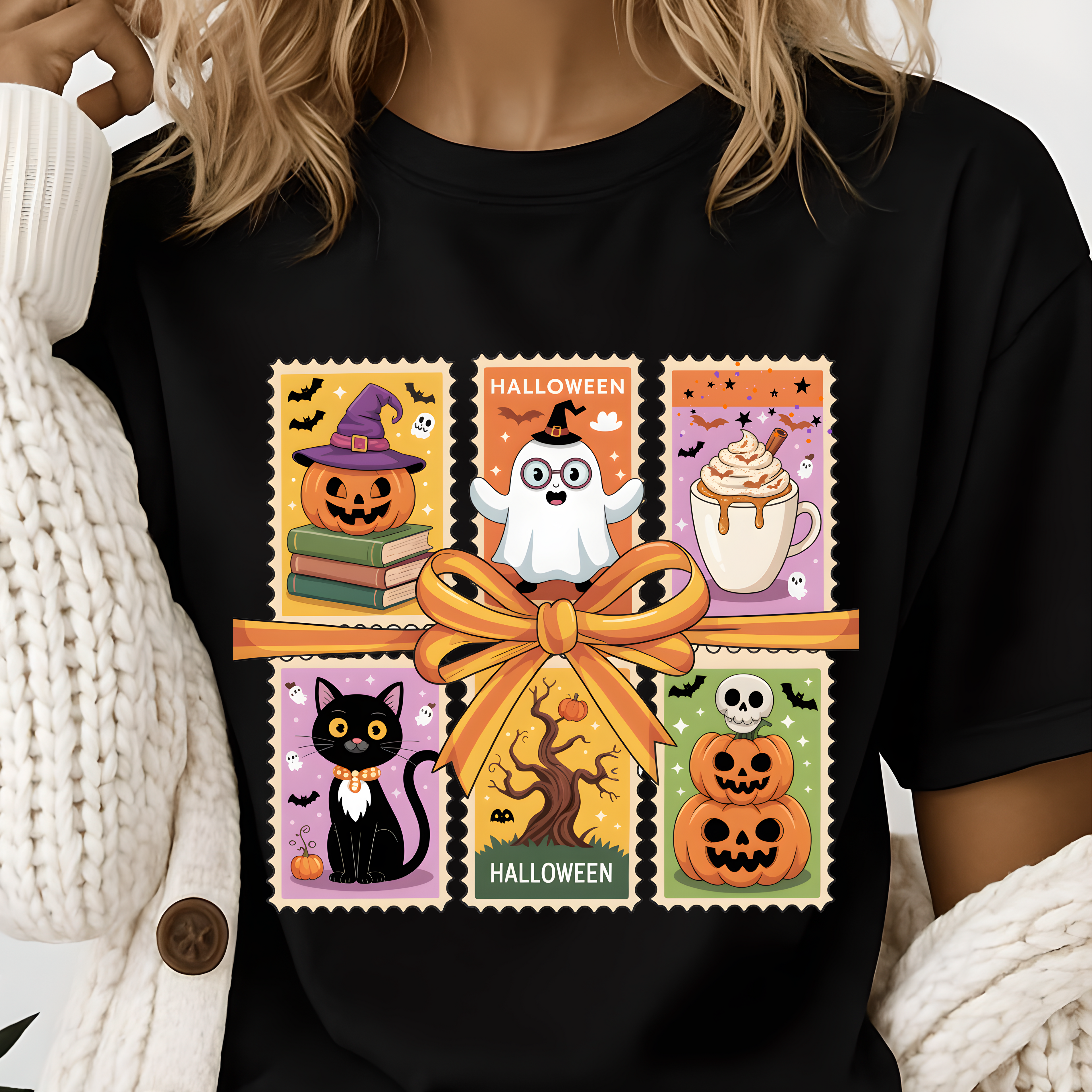 Festive Stamp Halloween Cat Ghost Pumpkin T-shirt, Cute Halloween Gift, Comfort Colors Fall Fashion Shirt, Spooky Cat Lovers
