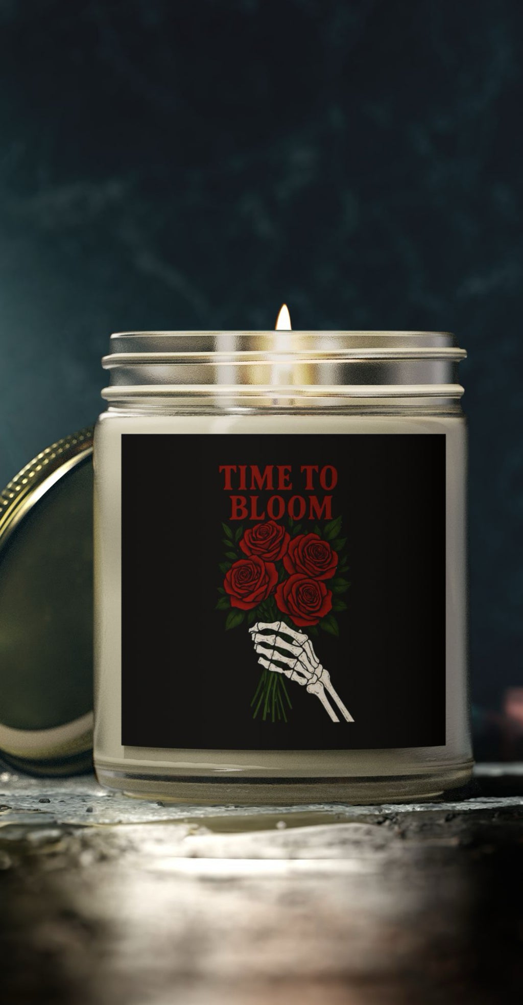 Halloween Time to Bloom Skeleton Hand Candle, 4oz. 9oz. Goth Home Candle, Spooky Candle, Dark Home Decor