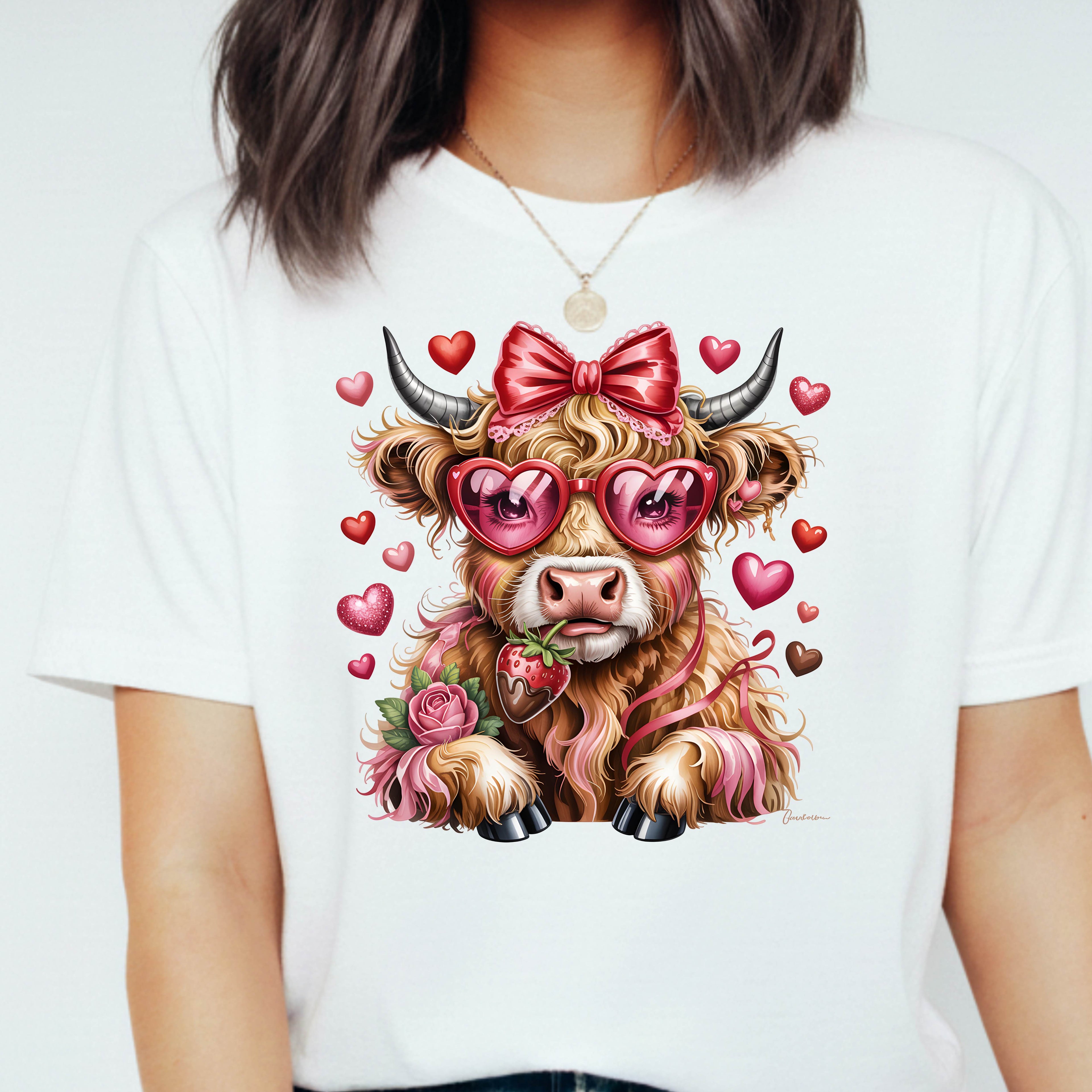 Valentine Highland Cow T-Shirt — Cute Cow with Heart Sunglasses & Bow