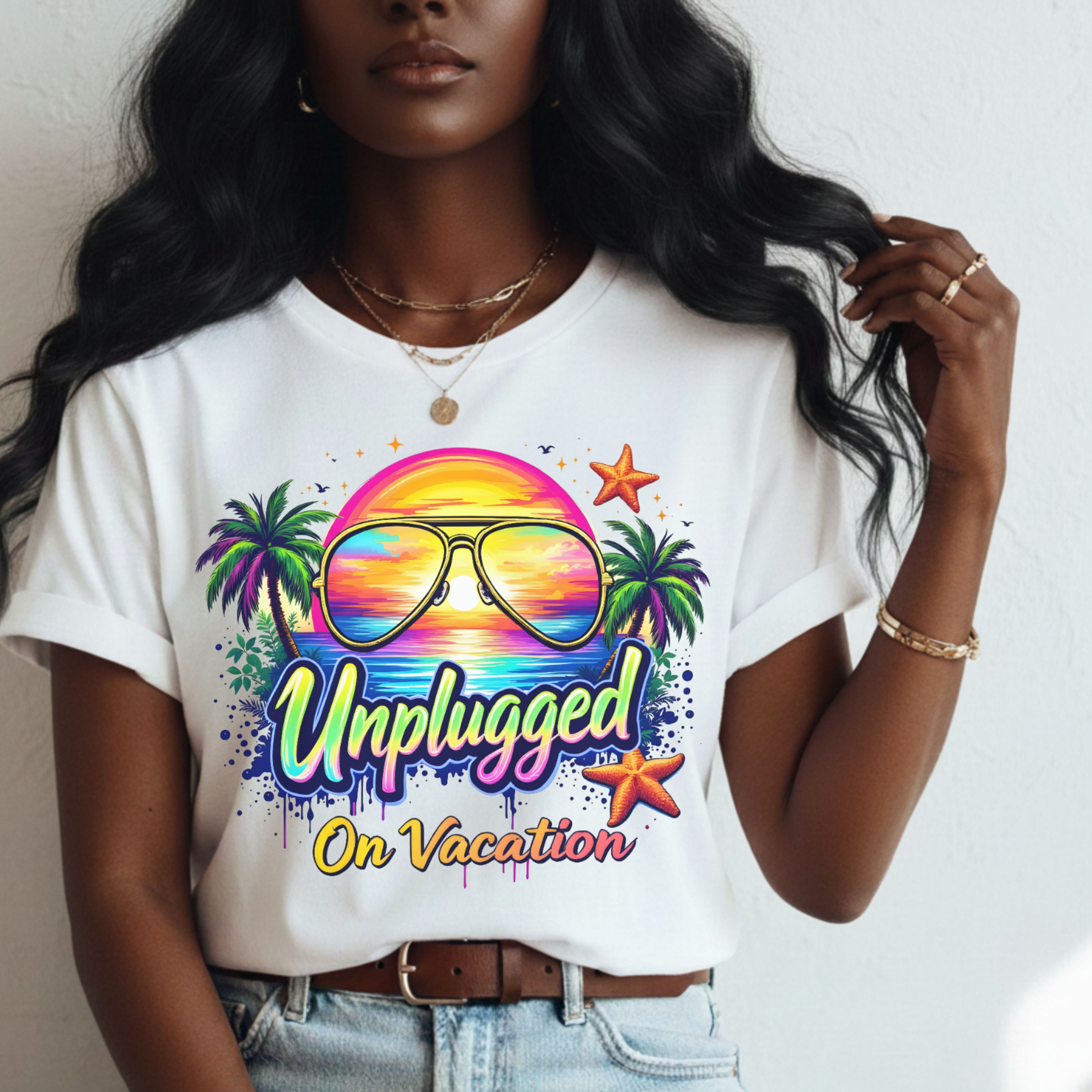 Beach Vacation T-Shirt — "Unplugged On Vacation" Tropical Sunglasses Beach Tee