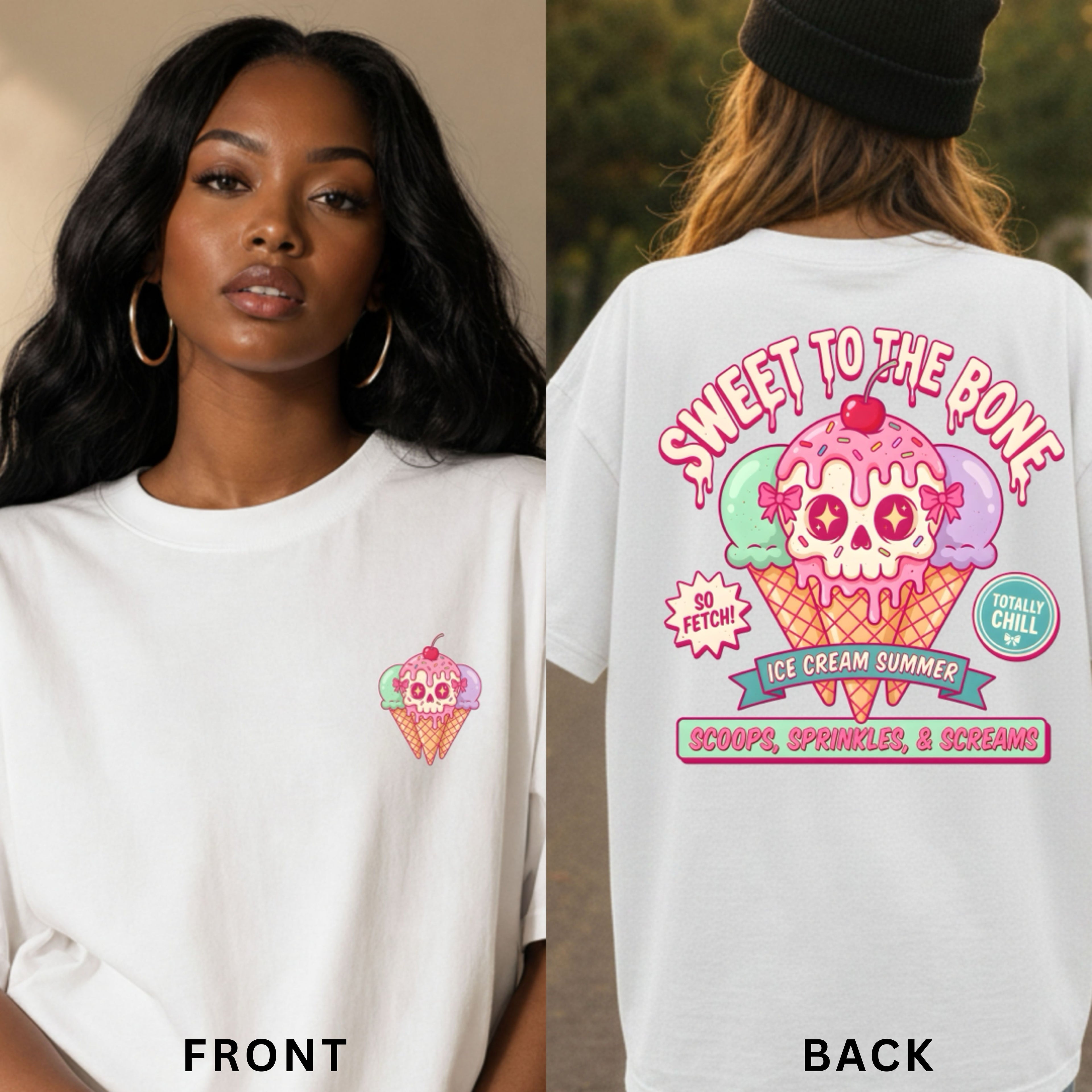 MsDembeauty Summer Collection: Ice Cream Skull T-Shirt — Cute Pastel Retro Graphic Front and Back Tee
