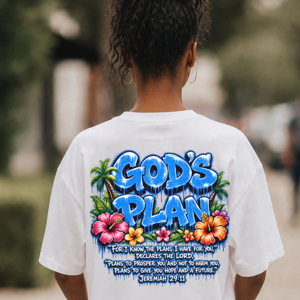God’s Plan Jeremiah 29:11 Tee, Palm Tree and Floral Print, Front and Back Design Christian shirt