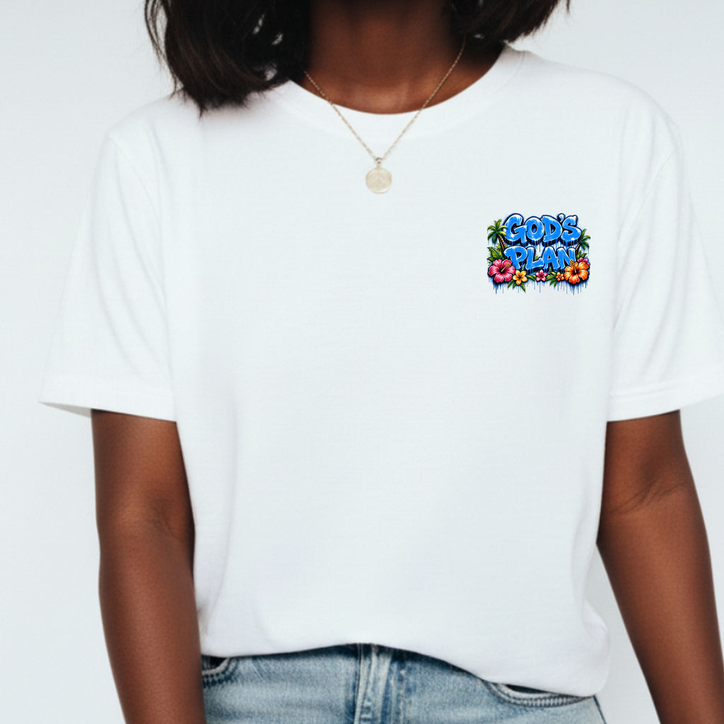 God’s Plan Jeremiah 29:11 Tee, Palm Tree and Floral Print, Front and Back Design Christian shirt