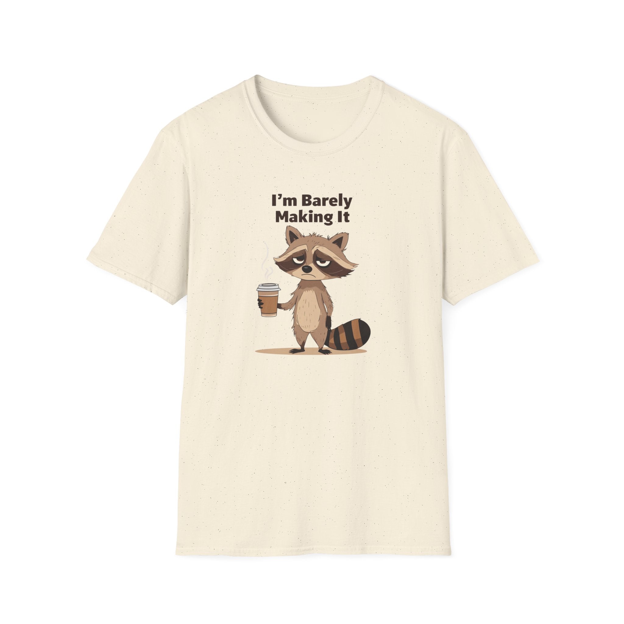 Funny Raccoon T-Shirt, Unisex Softstyle Tee, Humor Shirt, Coffee Lover Gift, Quirky Graphic Tee, Relaxed Fit Casual Wear