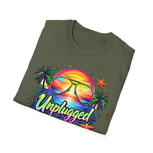 Beach Vacation T-Shirt — "Unplugged On Vacation" Tropical Sunglasses Beach Tee
