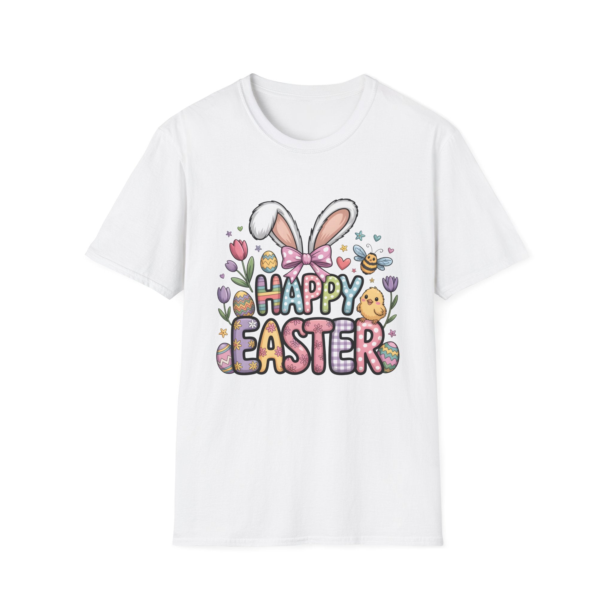 Happy Easter Bunny Ears T-Shirt | Pastel Eggs, Chicks & Flowers