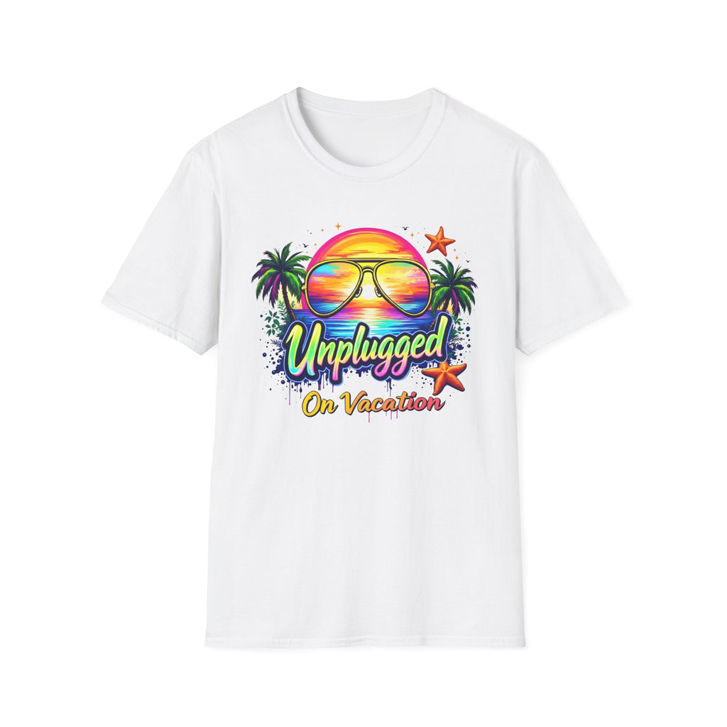 Beach Vacation T-Shirt — "Unplugged On Vacation" Tropical Sunglasses Beach Tee