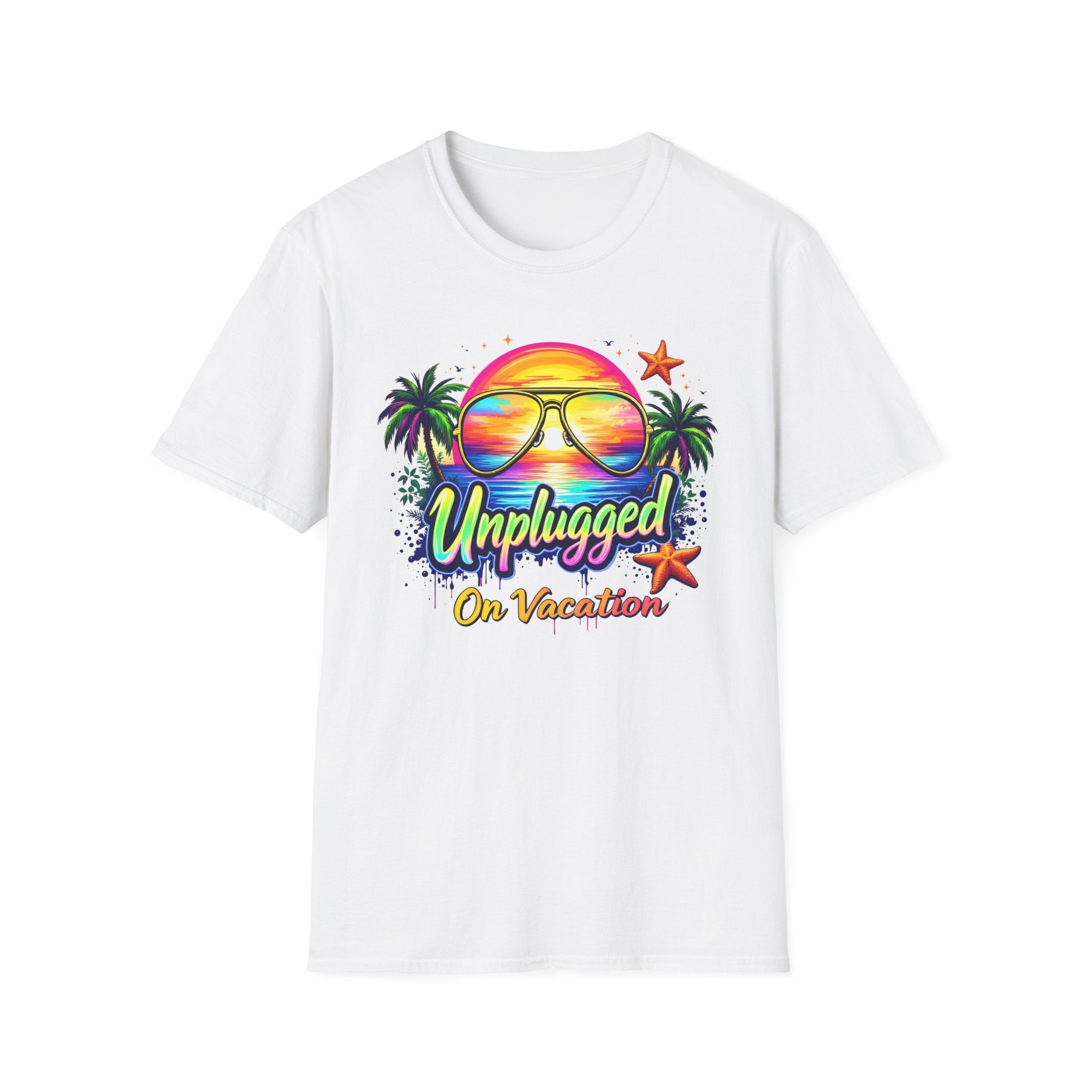 Beach Vacation T-Shirt — "Unplugged On Vacation" Tropical Sunglasses Beach Tee