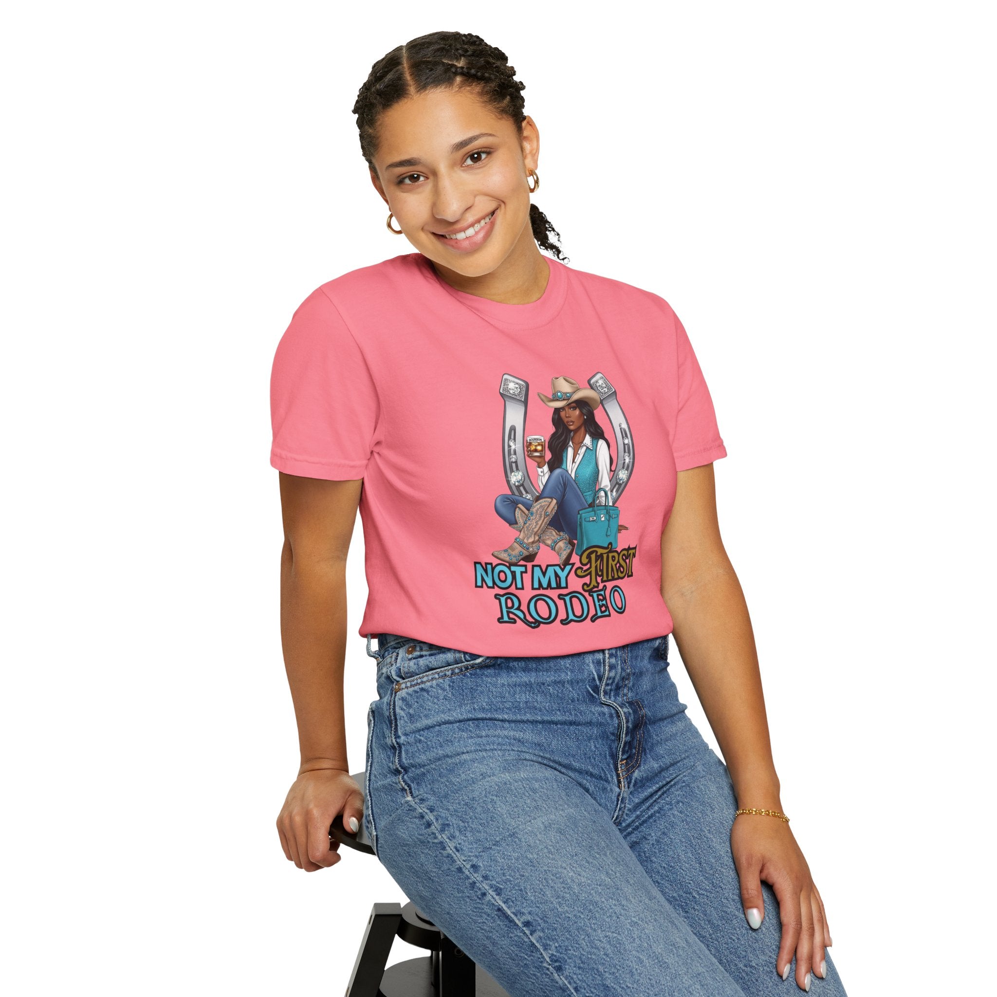 African American Cowgirl Rodeo Themed Rhinestone Shirt, 'Not My First Rodeo' Western Style Top, Rodeo Shirt, Boots On The Ground Tee