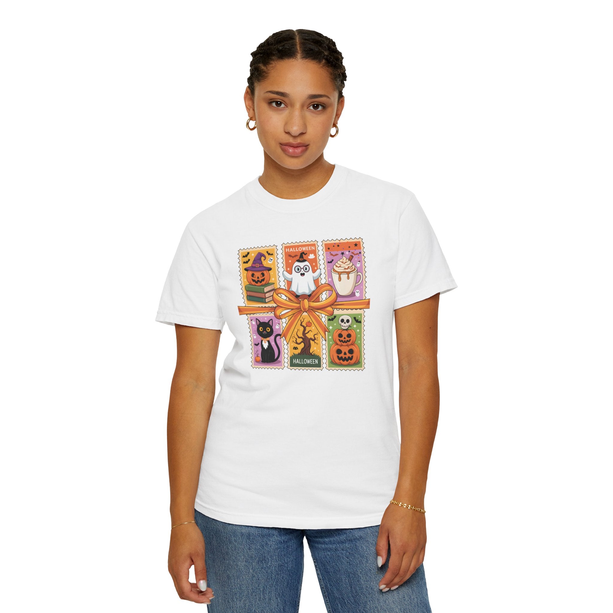 Festive Stamp Halloween Cat Ghost Pumpkin T-shirt, Cute Halloween Gift, Comfort Colors Fall Fashion Shirt, Spooky Cat Lovers