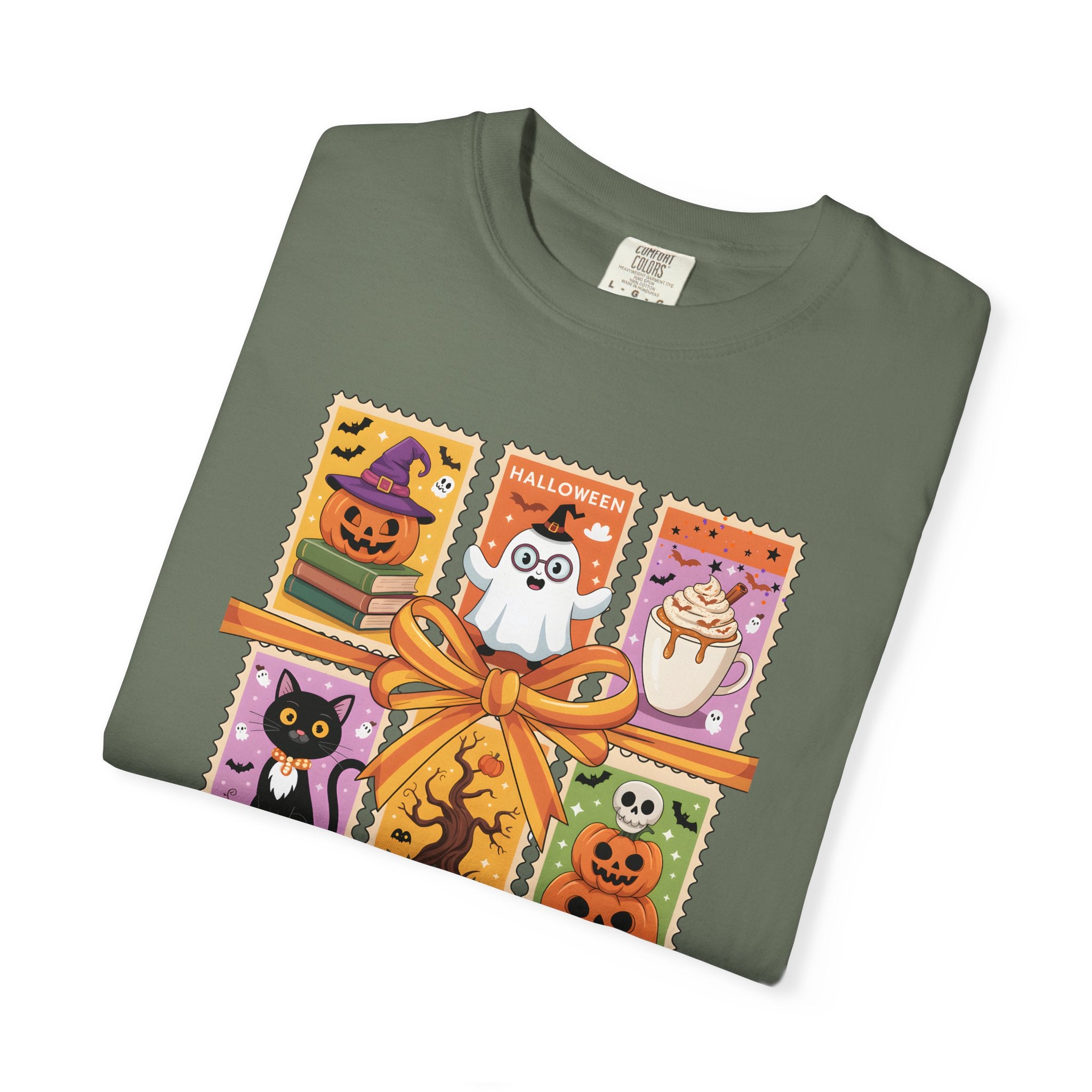 Festive Stamp Halloween Cat Ghost Pumpkin T-shirt, Cute Halloween Gift, Comfort Colors Fall Fashion Shirt, Spooky Cat Lovers