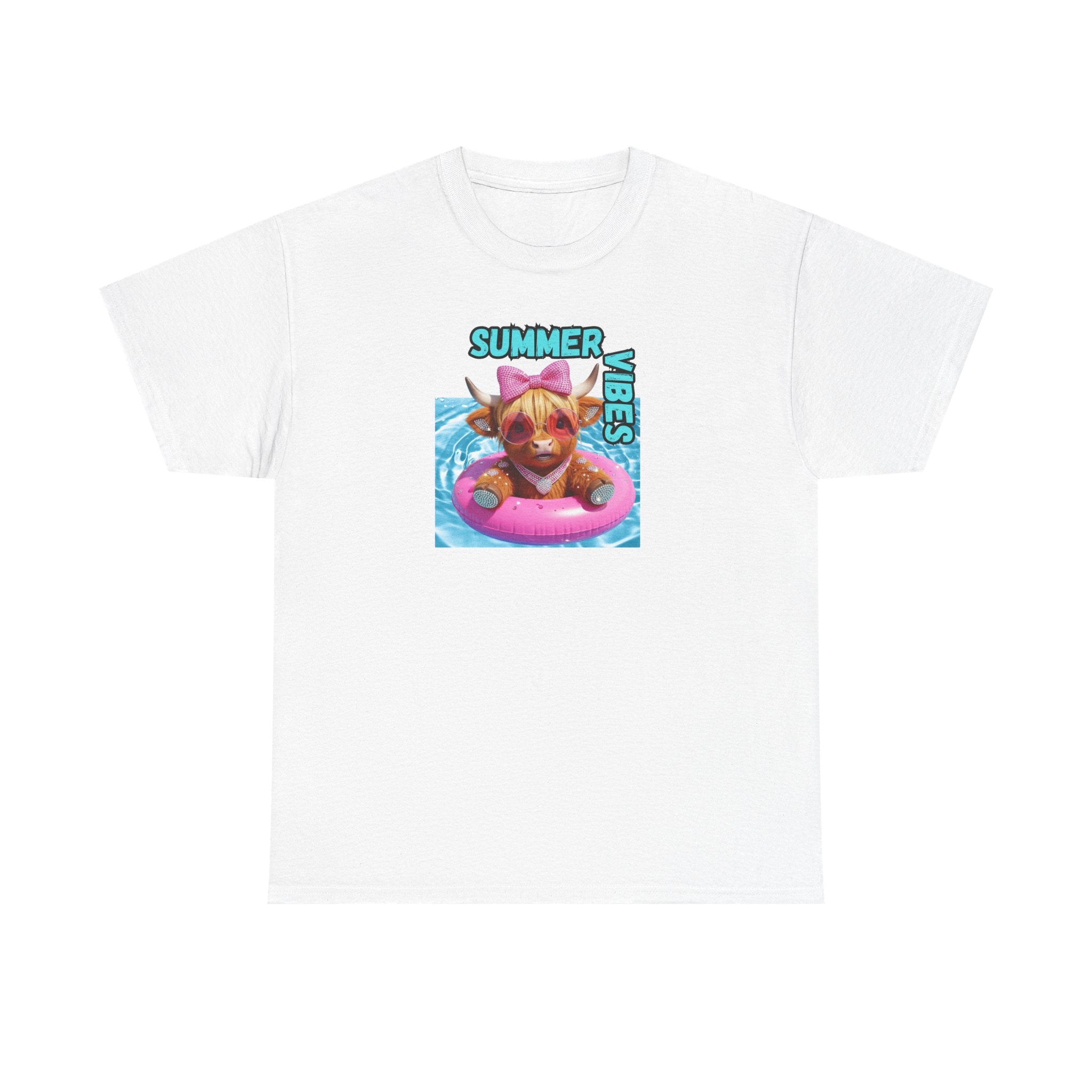 Summer Vibes Heavy Cotton Tee, Cute Cow Tee, Beach Day Shirt, Casual Summer Wear, Pet Lovers Gift, Pool Party Outfit
