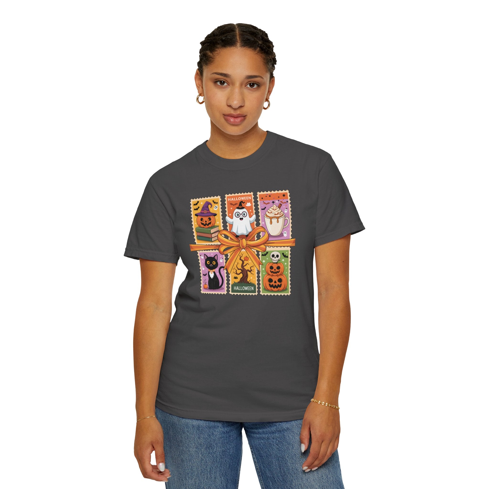 Festive Stamp Halloween Cat Ghost Pumpkin T-shirt, Cute Halloween Gift, Comfort Colors Fall Fashion Shirt, Spooky Cat Lovers