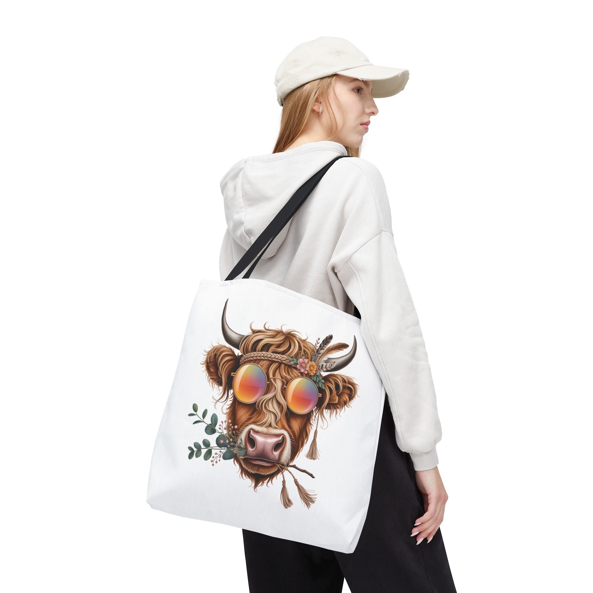 Hippie Highland Cow Tote Bag | Boho Cow with Sunglasses and Floral Accents