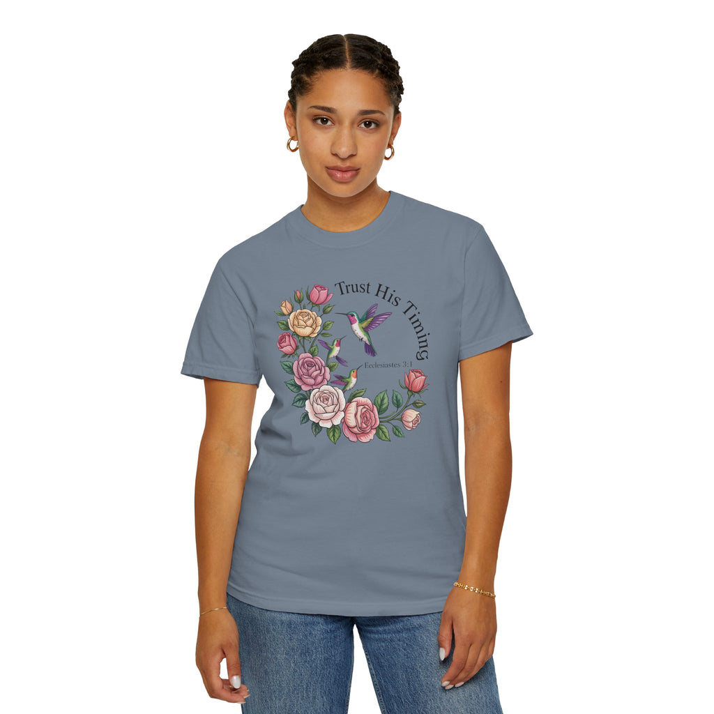 Comfort Colors® Floral Trust His Timing: Ecclesiastes 3;1 Scripture Tee, Christian Apparel