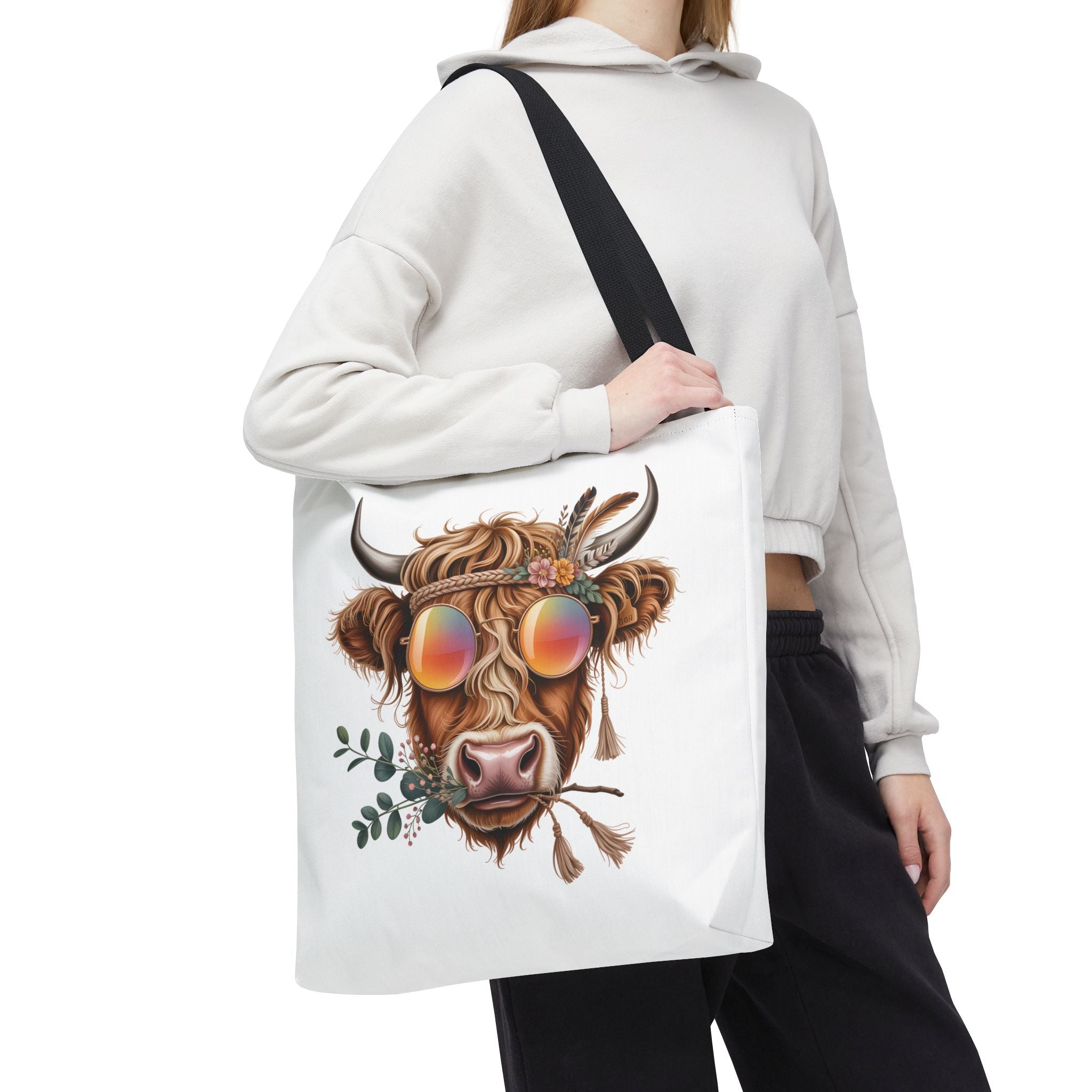 Hippie Highland Cow Tote Bag | Boho Cow with Sunglasses and Floral Accents
