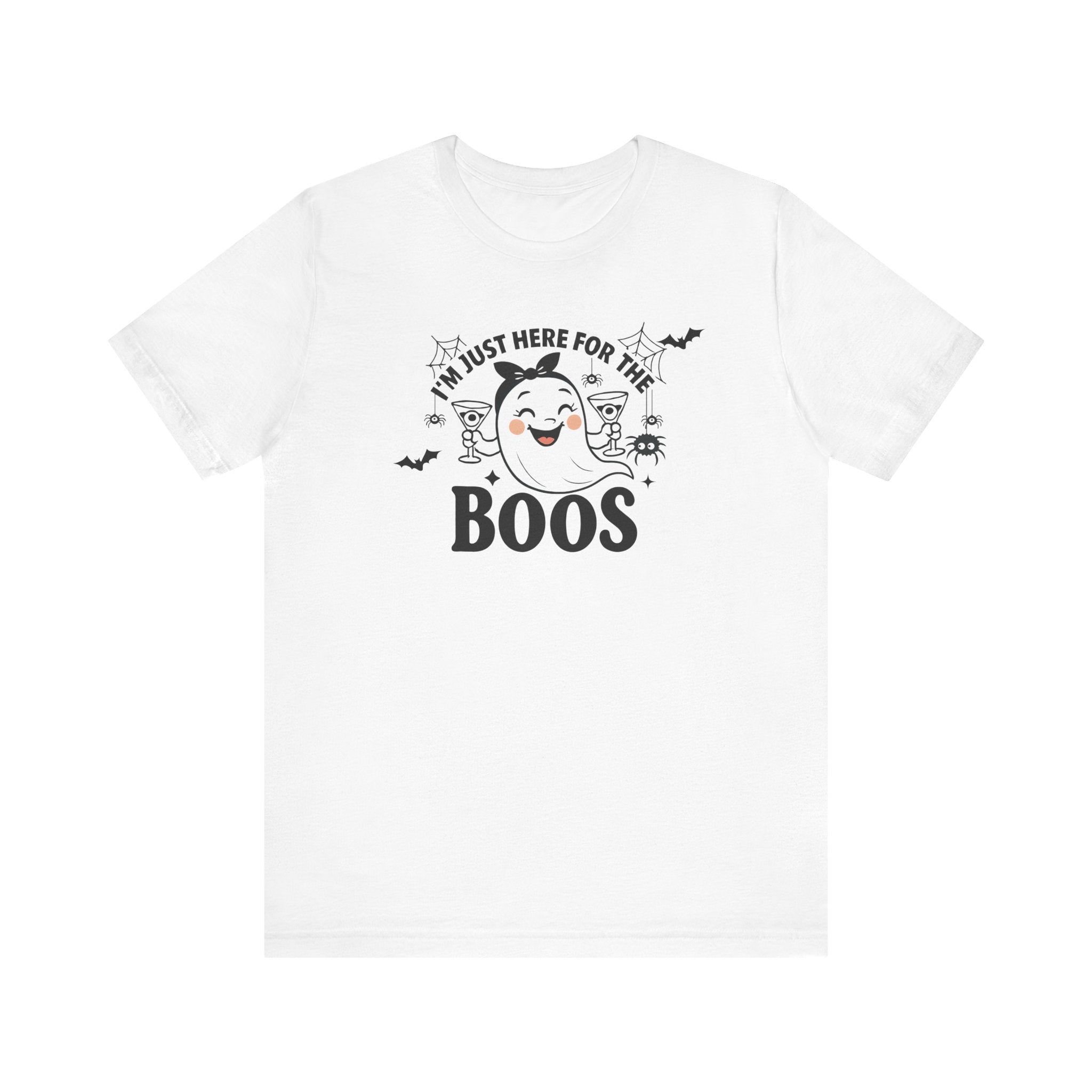 I'm Just Here For The Boos Ghost Tee, Unisex Funny T-Shirt for Parties, Cute Spooky Shirt, Gift for Trick-or-Treaters, Casual Fall Wear