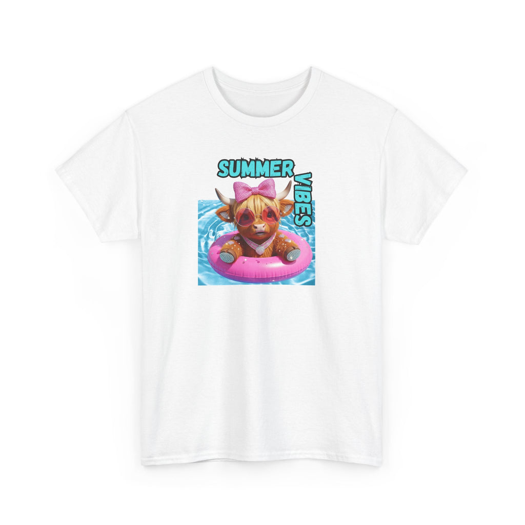 Summer Vibes Heavy Cotton Tee, Cute Cow Tee, Beach Day Shirt, Casual Summer Wear, Pet Lovers Gift, Pool Party Outfit
