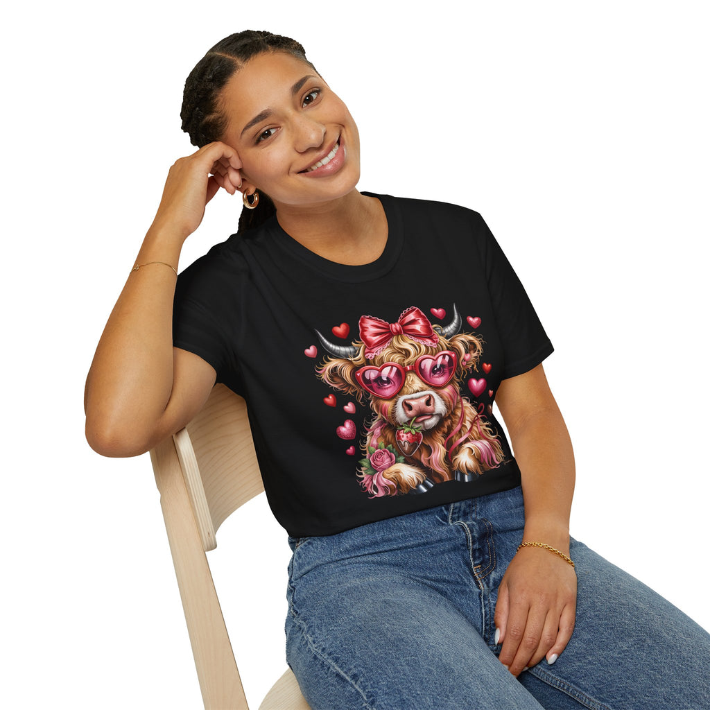 Valentine Highland Cow T-Shirt — Cute Cow with Heart Sunglasses & Bow