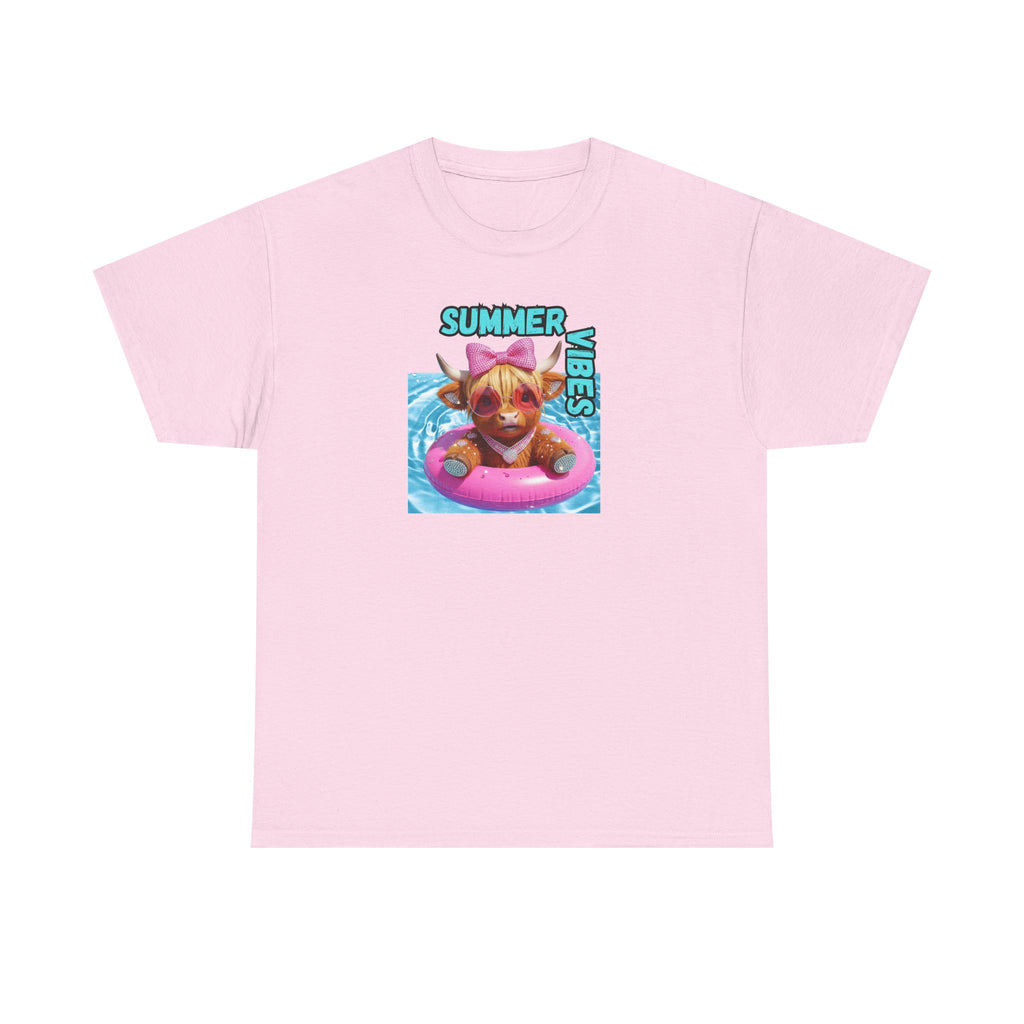 Summer Vibes Heavy Cotton Tee, Cute Cow Tee, Beach Day Shirt, Casual Summer Wear, Pet Lovers Gift, Pool Party Outfit