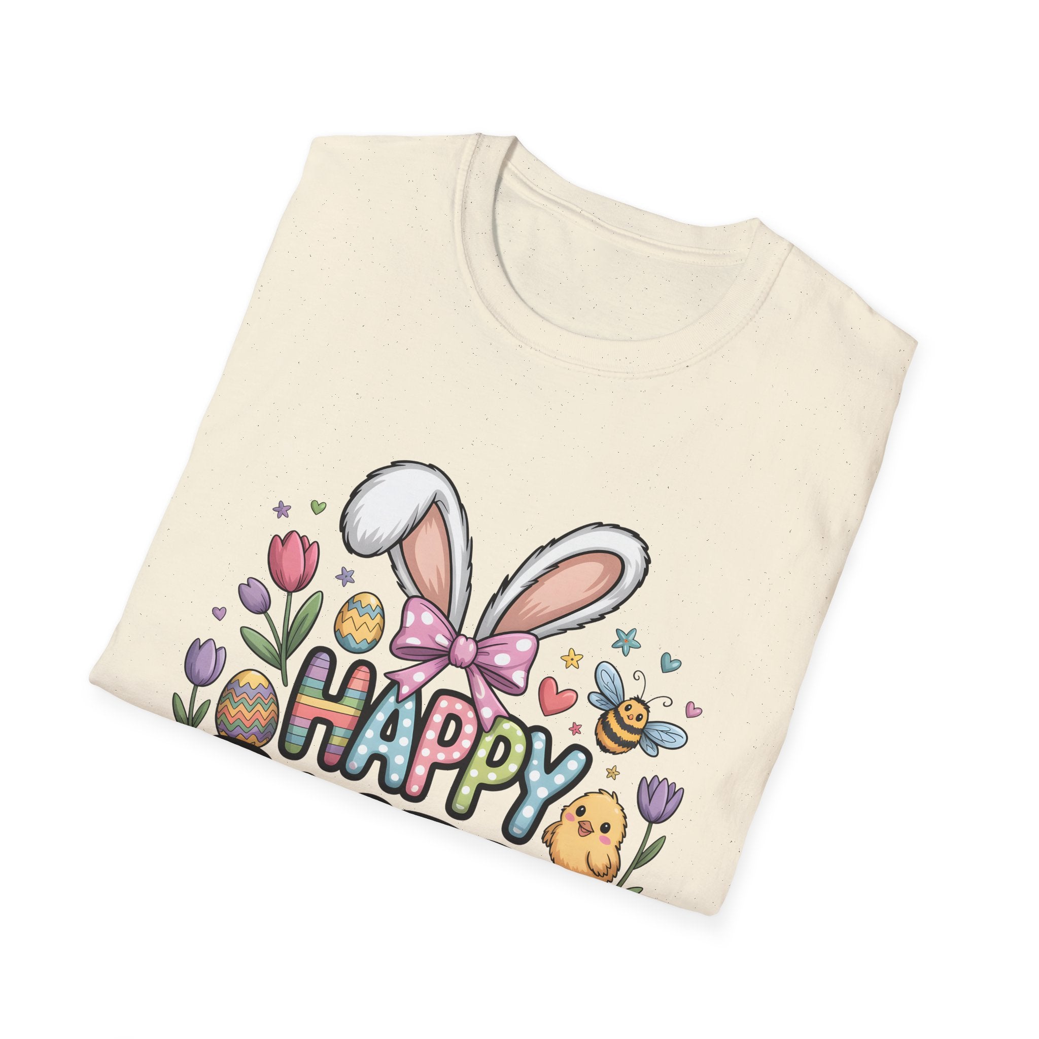 Happy Easter Bunny Ears T-Shirt | Pastel Eggs, Chicks & Flowers