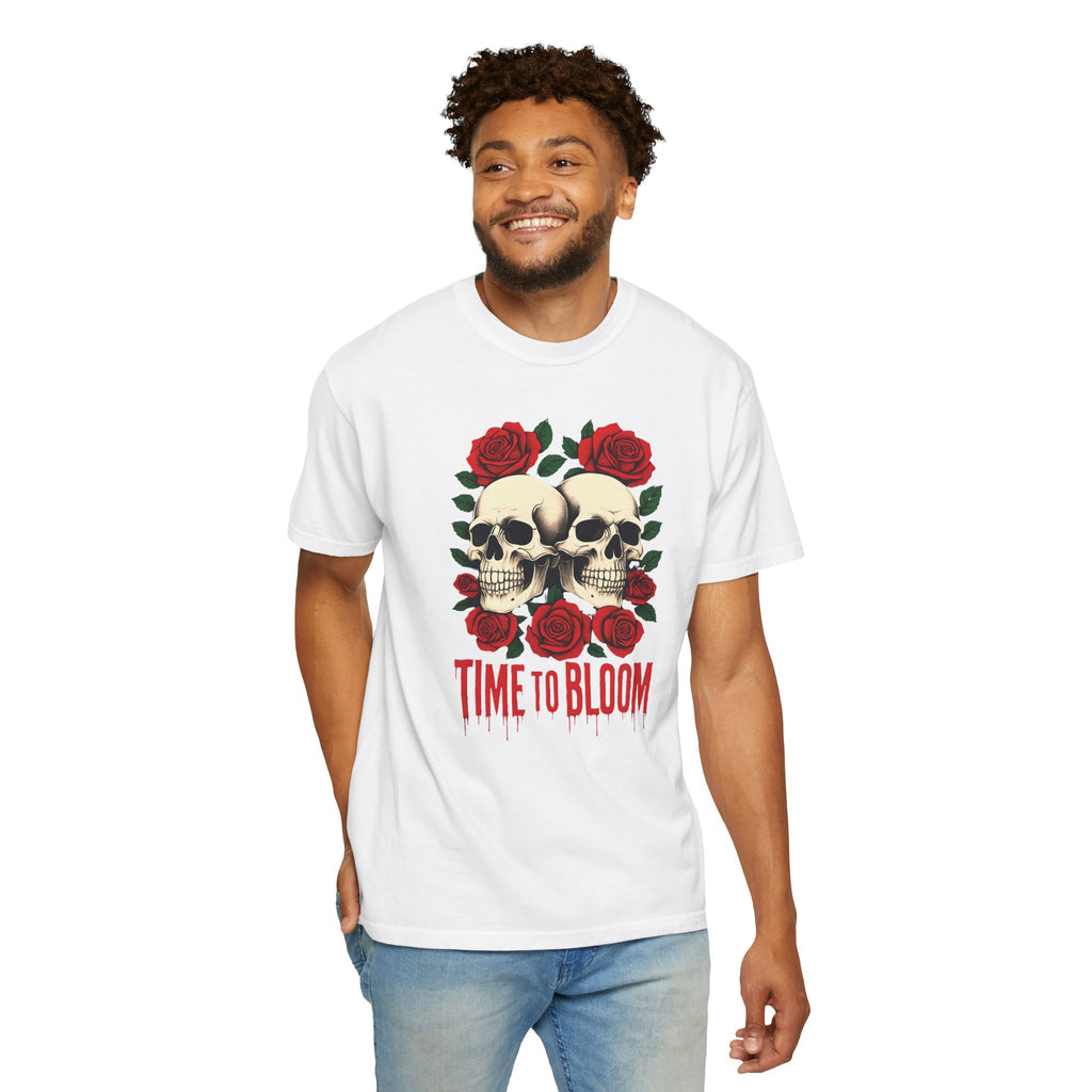 Stylish Skull & Rose Unisex T-shirt, Grunge Tee, Unisex Casual Wear, Unique Graphic Top, Gift for Goths, Time to Bloom Apparel
