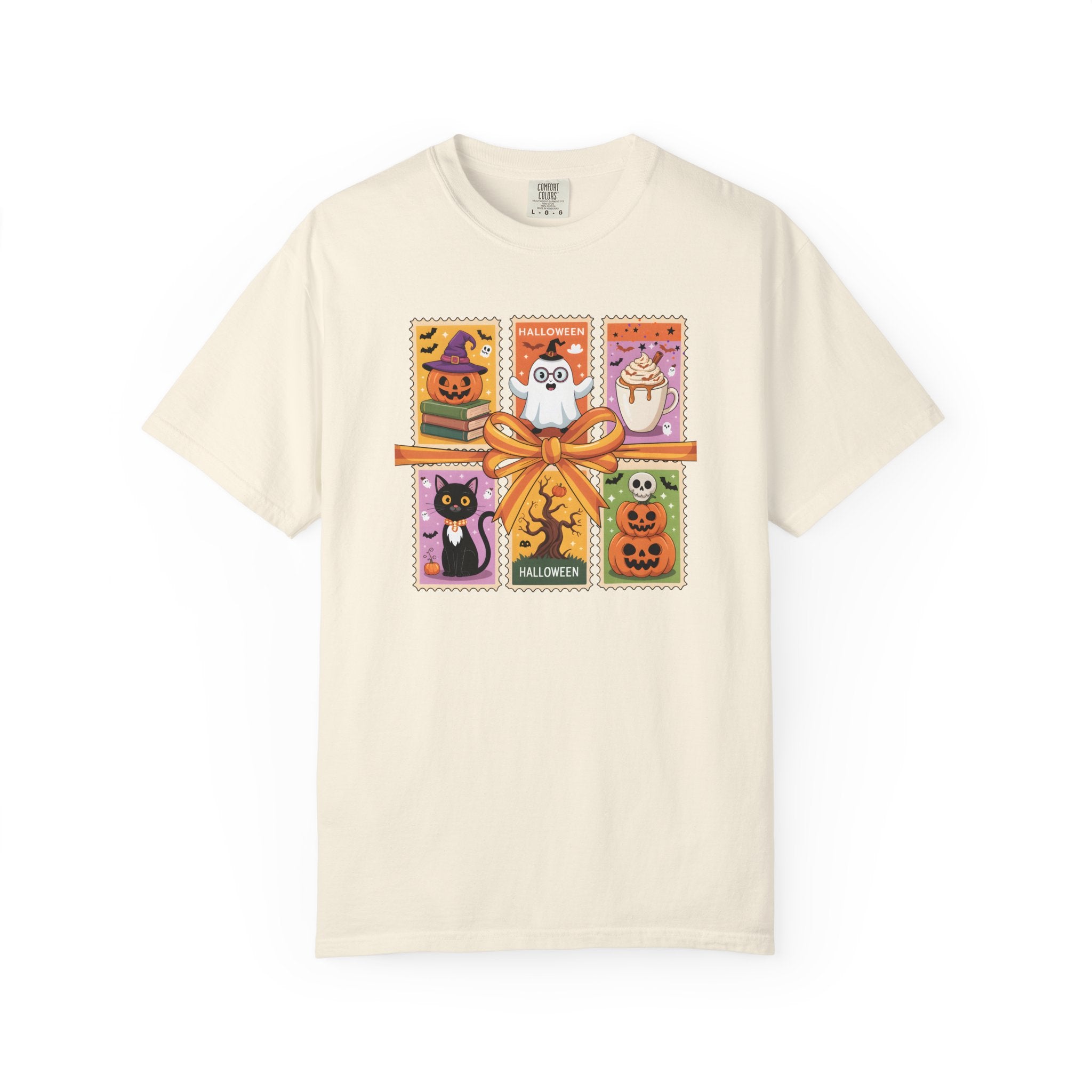 Festive Stamp Halloween Cat Ghost Pumpkin T-shirt, Cute Halloween Gift, Comfort Colors Fall Fashion Shirt, Spooky Cat Lovers