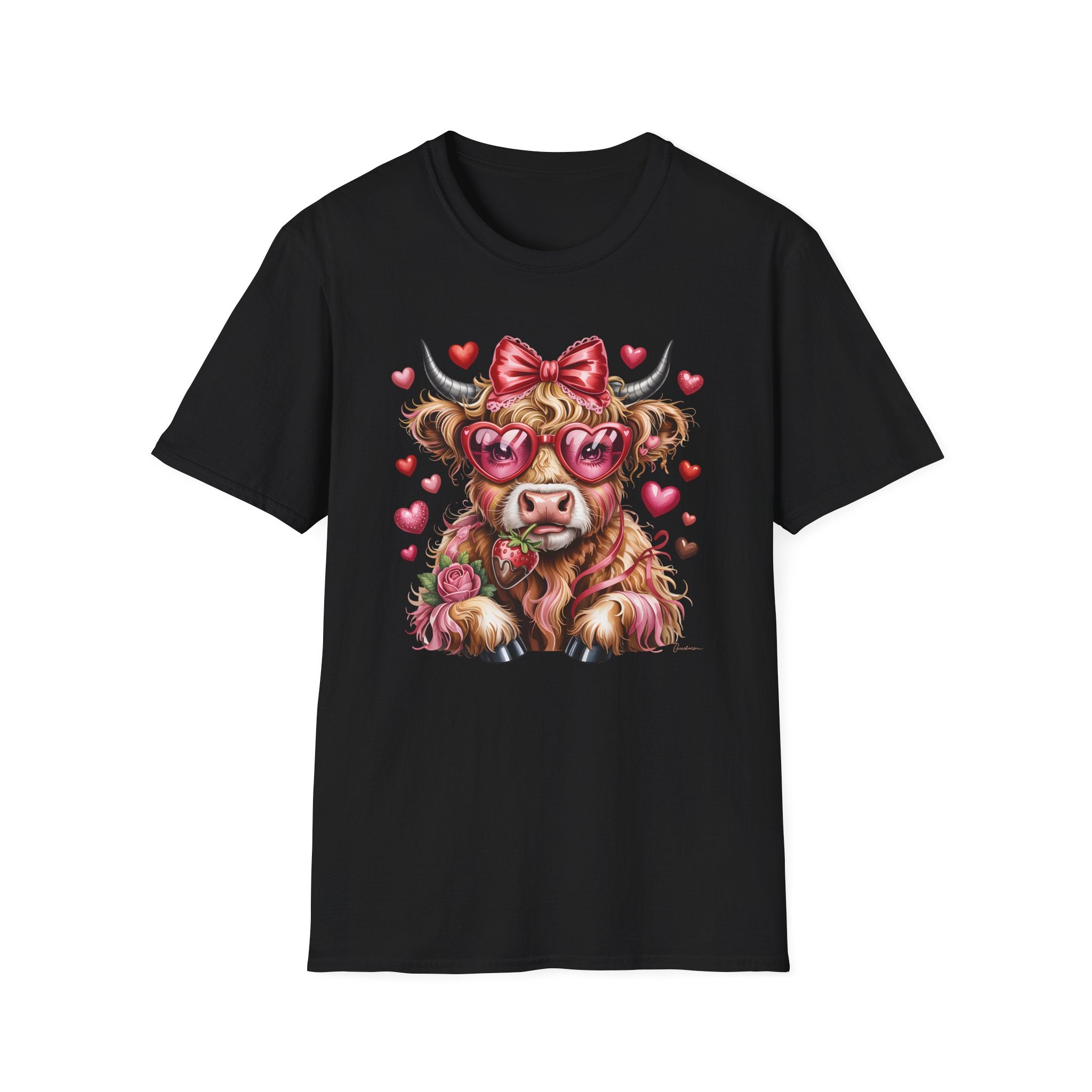 Valentine Highland Cow T-Shirt — Cute Cow with Heart Sunglasses & Bow
