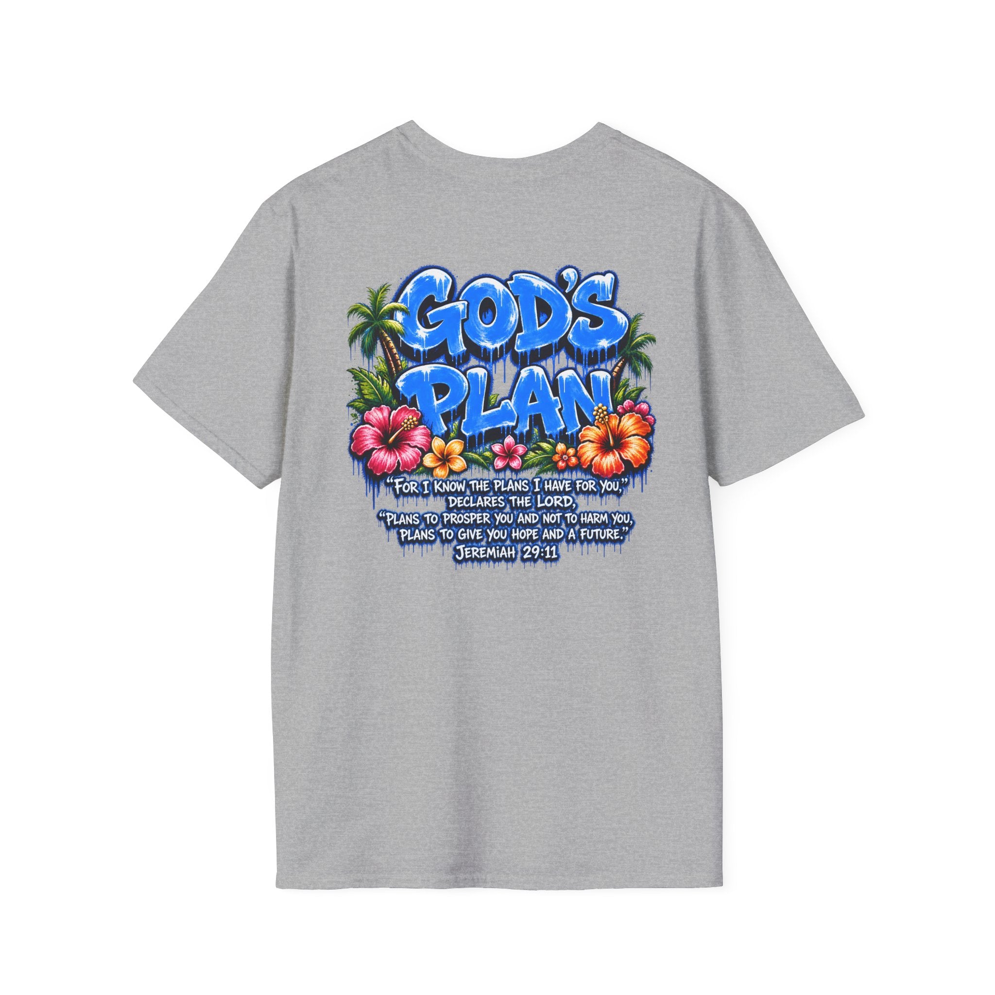 God’s Plan Jeremiah 29:11 Tee, Palm Tree and Floral Print, Front and Back Design Christian shirt